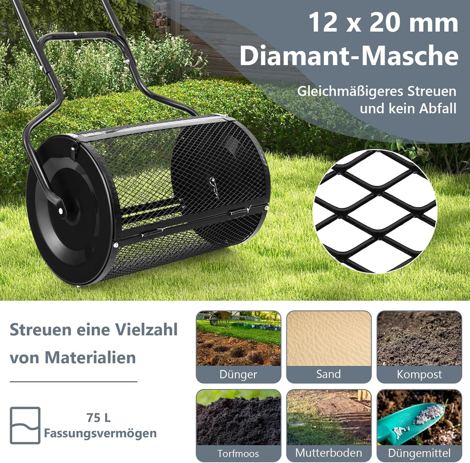 FANTASK Esparcidor de compostaje con Mango en U, 75 L, para jardín, espolvoreador de Fertilizante para césped, compostador de Metal, para Semillas de Fertilizante y Semillas, con Cesta de Malla