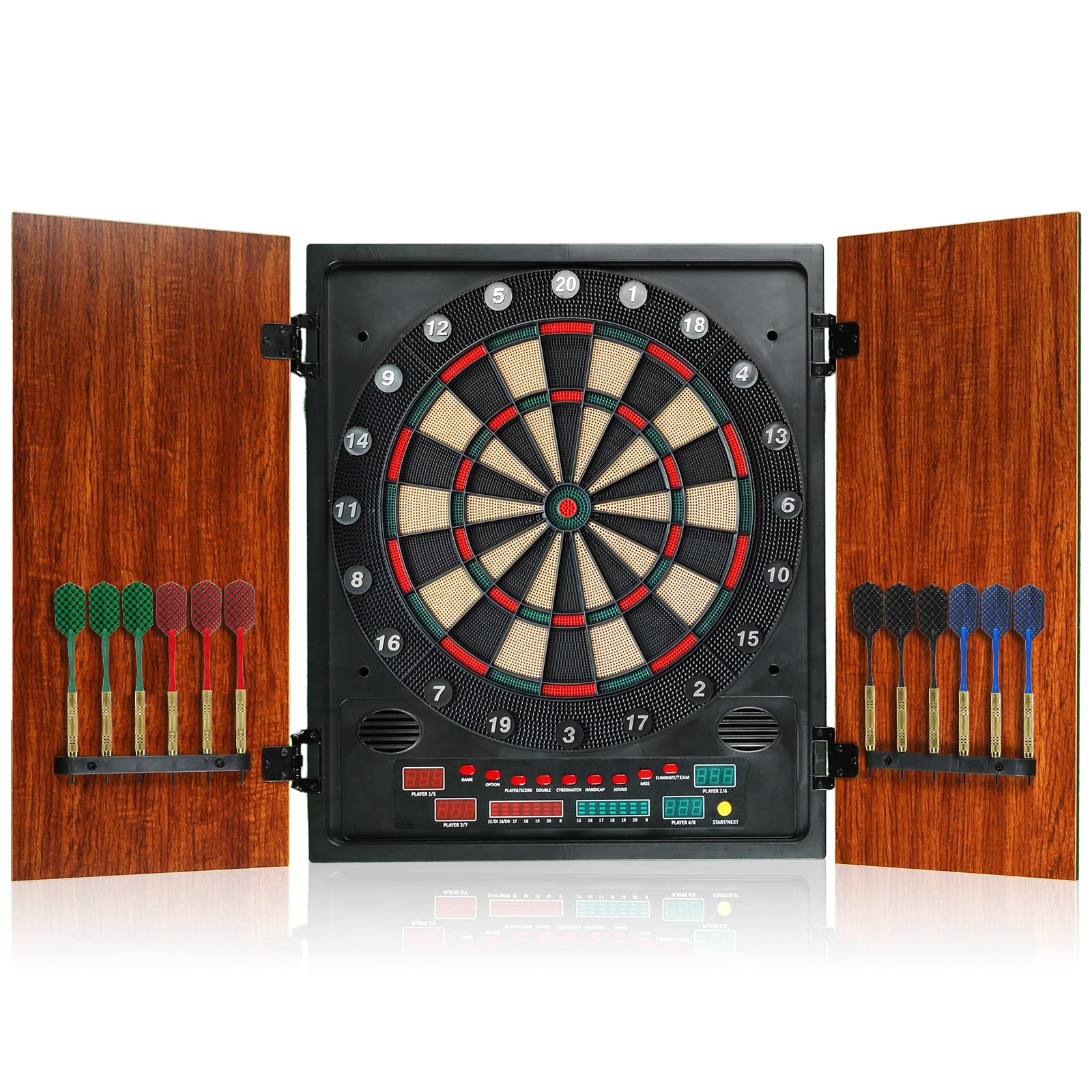 Photo 1 of HLDarts Electronic Dart Board Cabinet Set, Dartboard with Wooden Finish Doors, 12 Darts Set with Aluminum Foil Flights, Adapter Included.