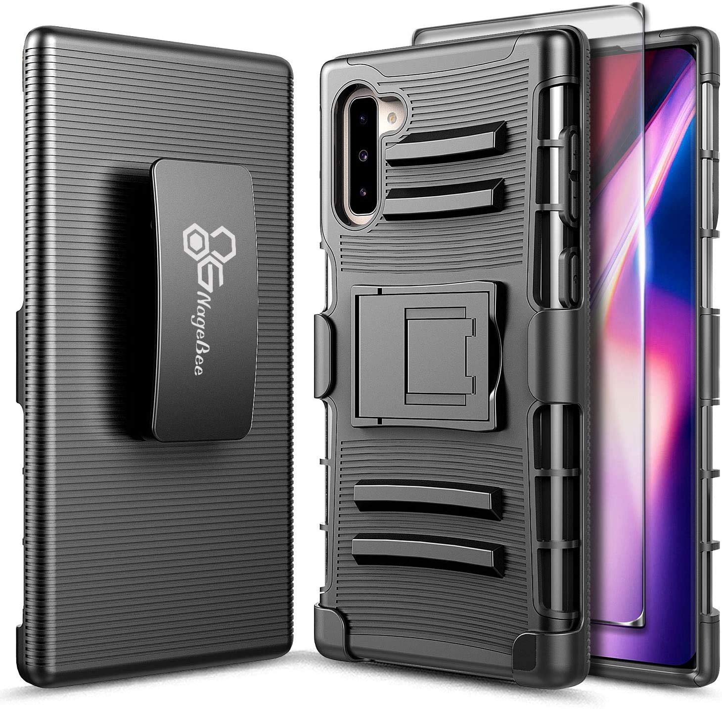 NZND for Galaxy Note 10 Belt Clip Holster Case with Screen Protector (Flexible TPU Film), Heavy Duty Protective Shockproof Armor Defender Combo Phone