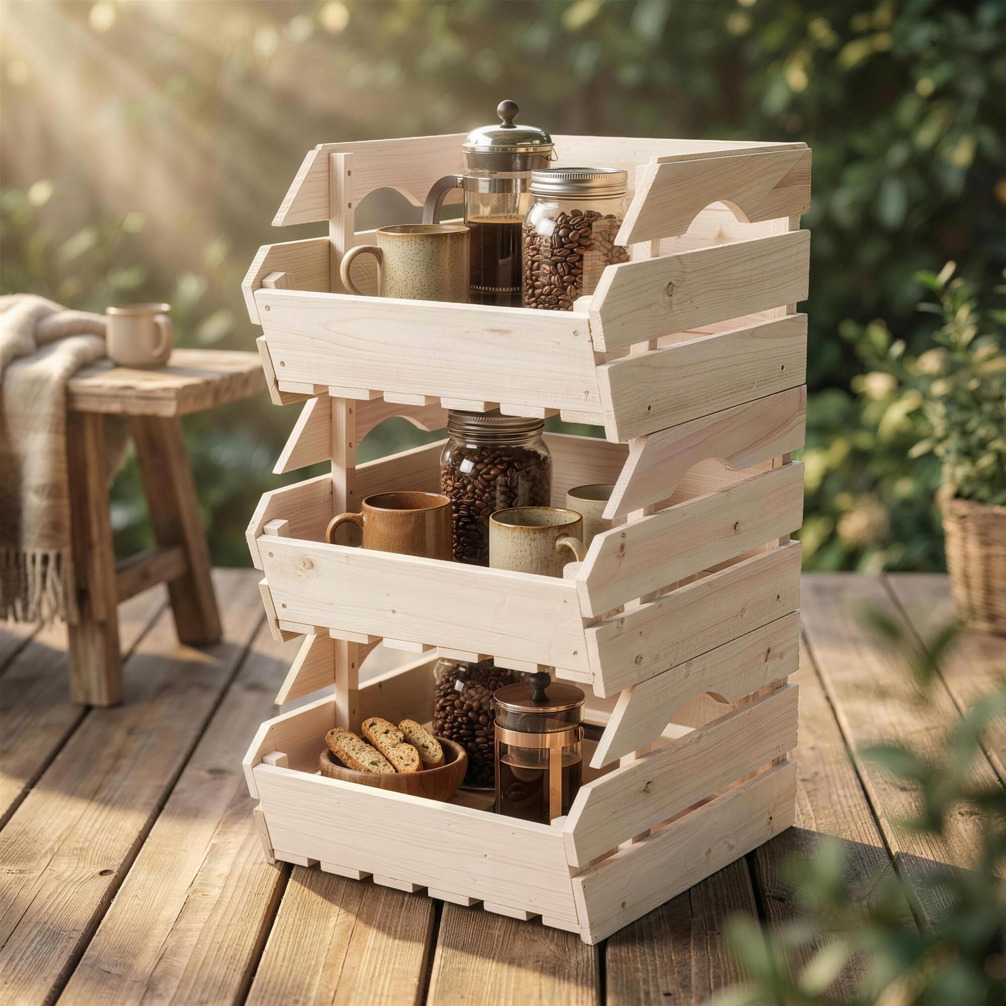 Outsunny Support de Corbeille à Fruits en Bois de Sapin à 3 Niveaux Amovibles, Panier de Rangement pour Légumes Facile à Déplacer, 27x37,5x60cm, Naturel