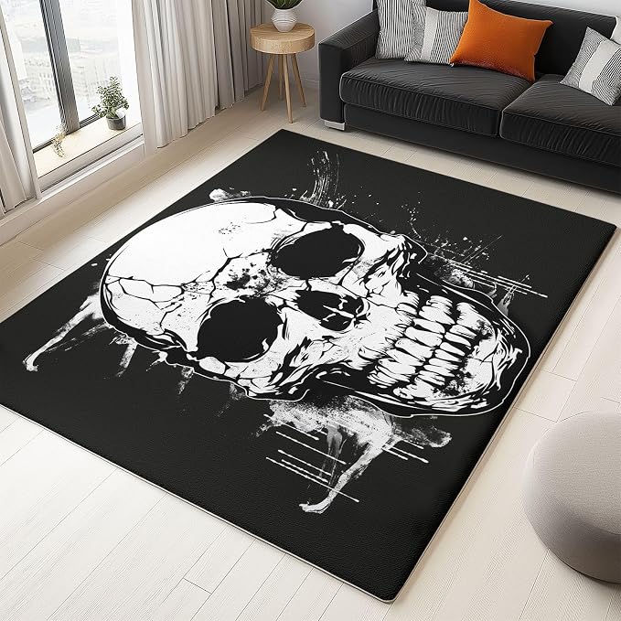 Gothic Skull Washable Area Rug, Non Slip Soft Black Rug - Stain Resistant Low Pile Carpet 2 x 3 ft Easy Clean for Bedroom Living Room Kitchen Entryway Home Decor