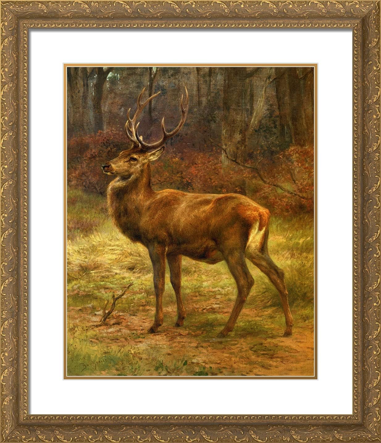 ArtDirect Bonheur Rosa 20x23 Gold Ornate Framed Art Print with Double Matting Titled: Stag in an Autumn Landscape