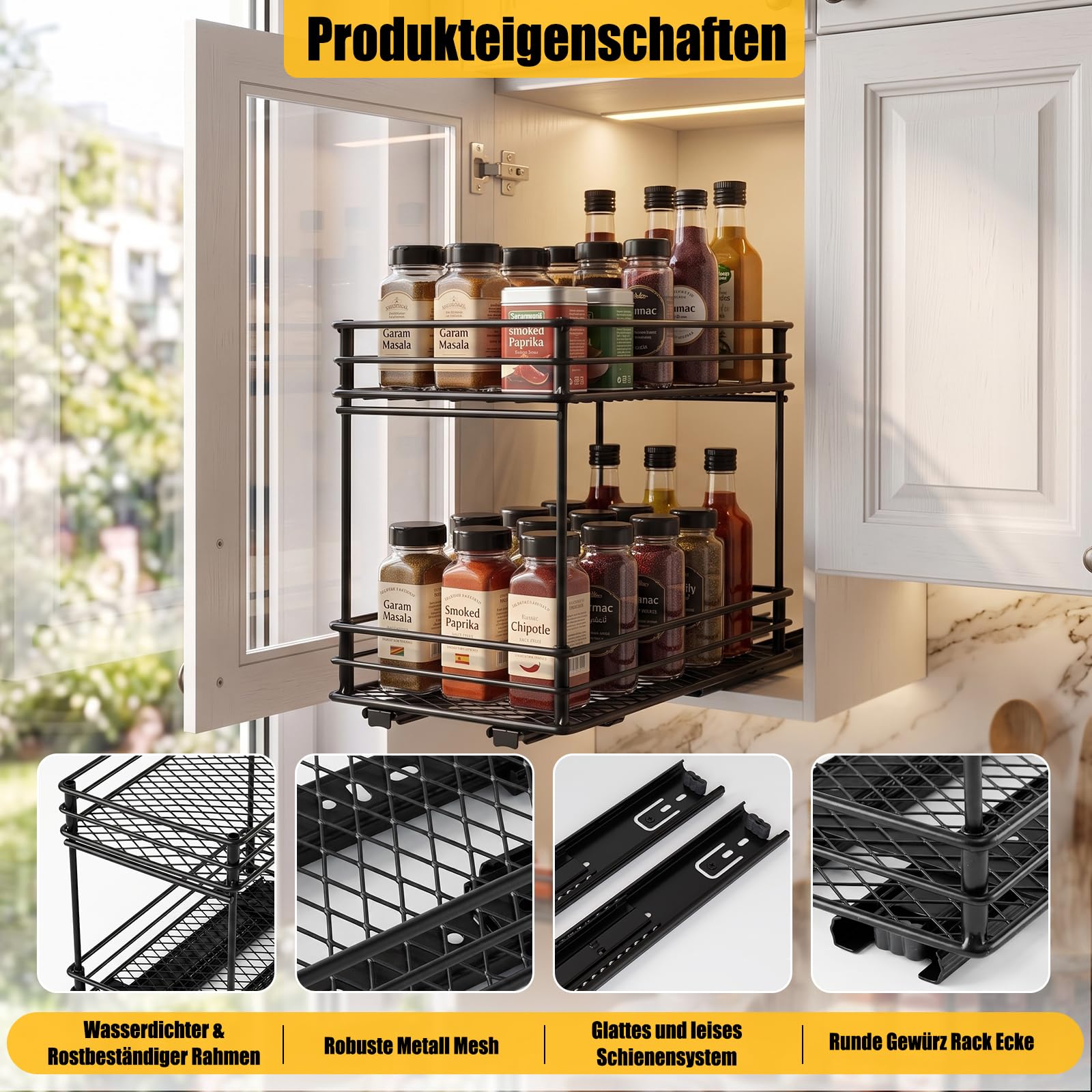 EasyVibe Ewürzregal Ausziehbar für Küchenschrank, 2 Stück, 15cm Breit Gewürzregal Ausziehbar Schrank, Gewürzregal Herausziehen Organizer, Küchenschrank Regal