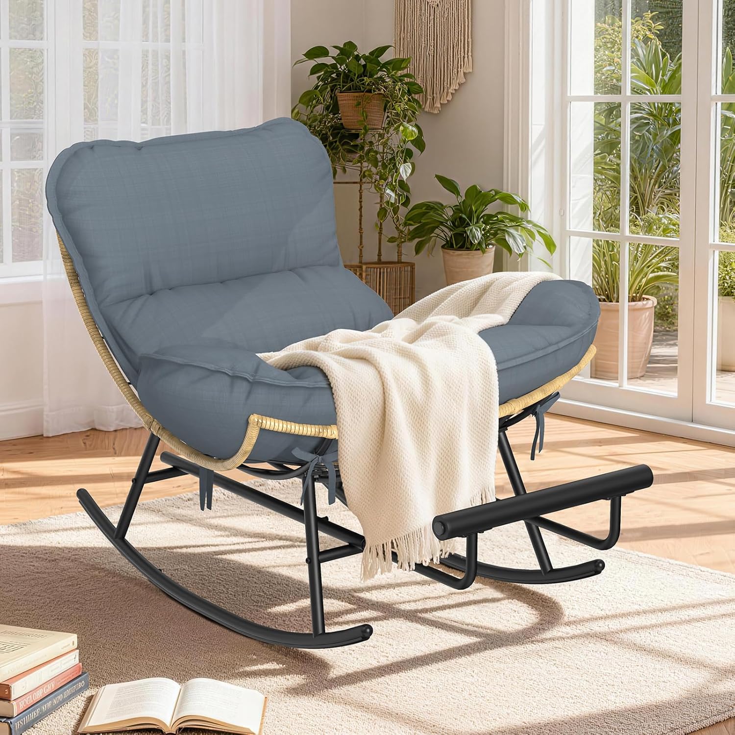 ZENPETIO Papasan Rocking Chair - Oversized Rocking Chair with Footrest, Outdoor Papasan Chairs with Thicker Cushion, All-Weather Wicker Rattan Cozy Rocker for Indoor, Balcony, Porch, Garden