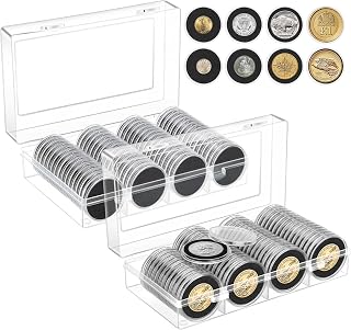 120pcs 40mm Coin Capsules Set, Coin Holders for Collectors with 8 Sizes (17/20/25/27/30/33/38/40mm) Adjustable Black Foam Gaskets and 2 Plastic Storage Boxes