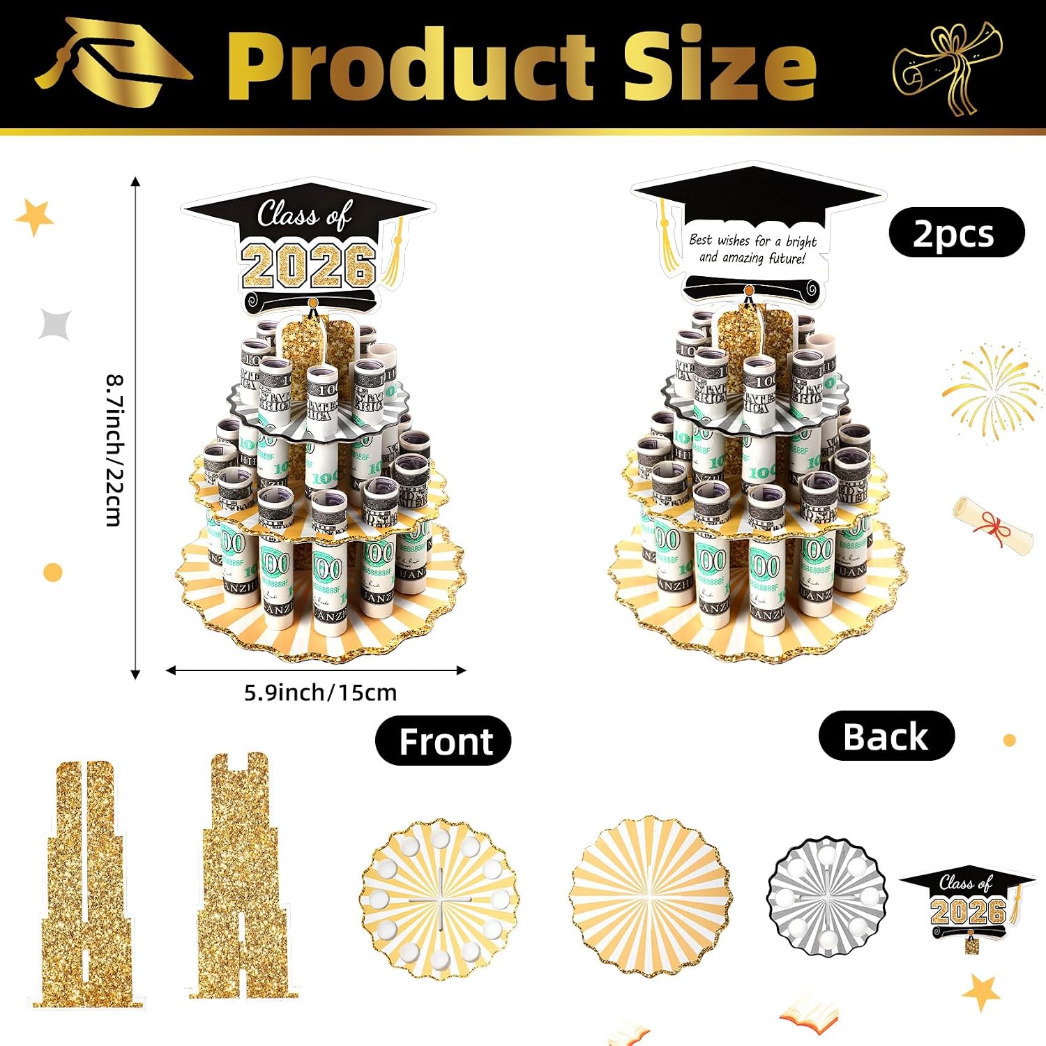 2 Pack Graduation Money Holder for Cash Gift, 2026 Graduation Gifts Money Holder, Cash Money Cake Stand Ideas Graduation Accessories for Class of 2026 Graduation Decorations Party Favor Supplies image 2
