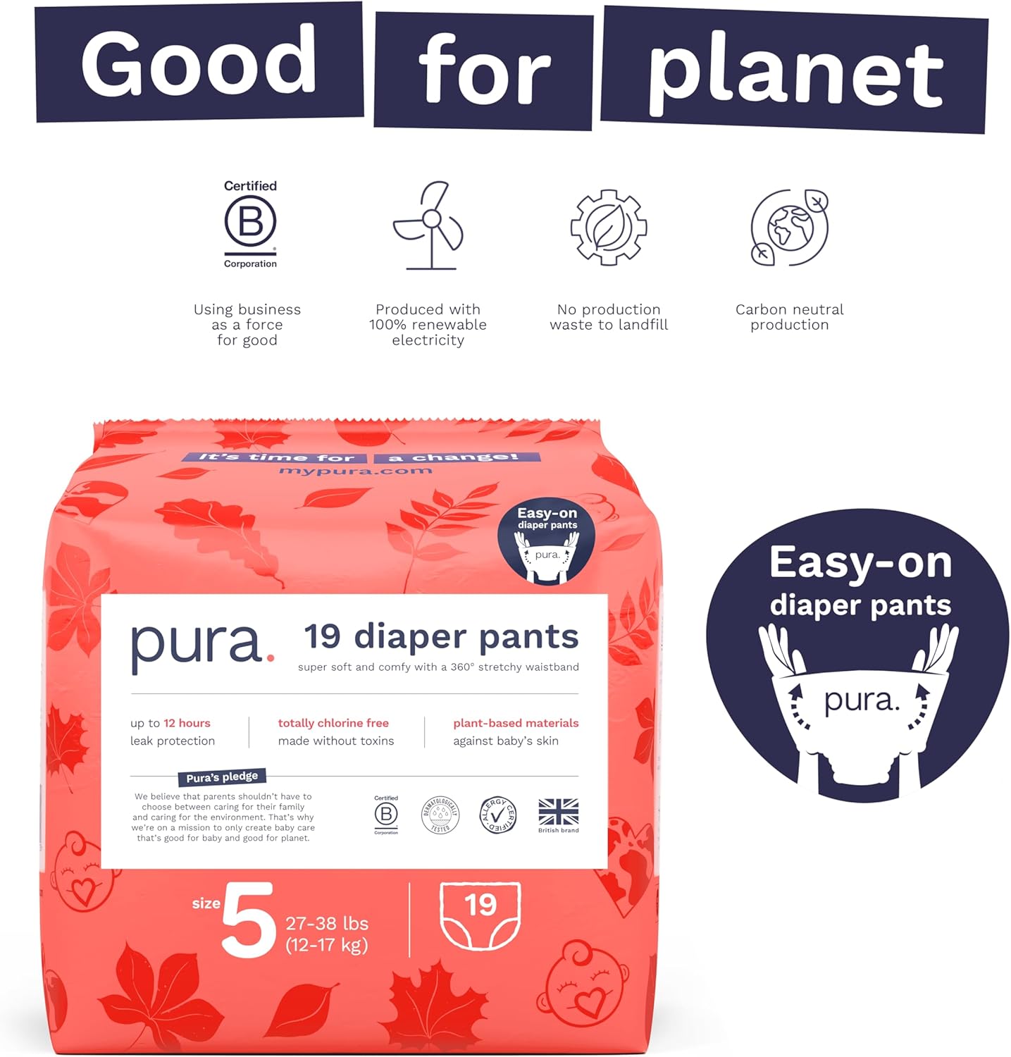Pura Hypoallergenic Diaper Pants Size 5 (27-38 lbs) Overnight, up to 12 Hours Leak Protection, Suitable for Sensitive Skin, Totally Chlorine Free, Soft Organic Cotton, 3 packs of 19 (57 Pull Up Pants)