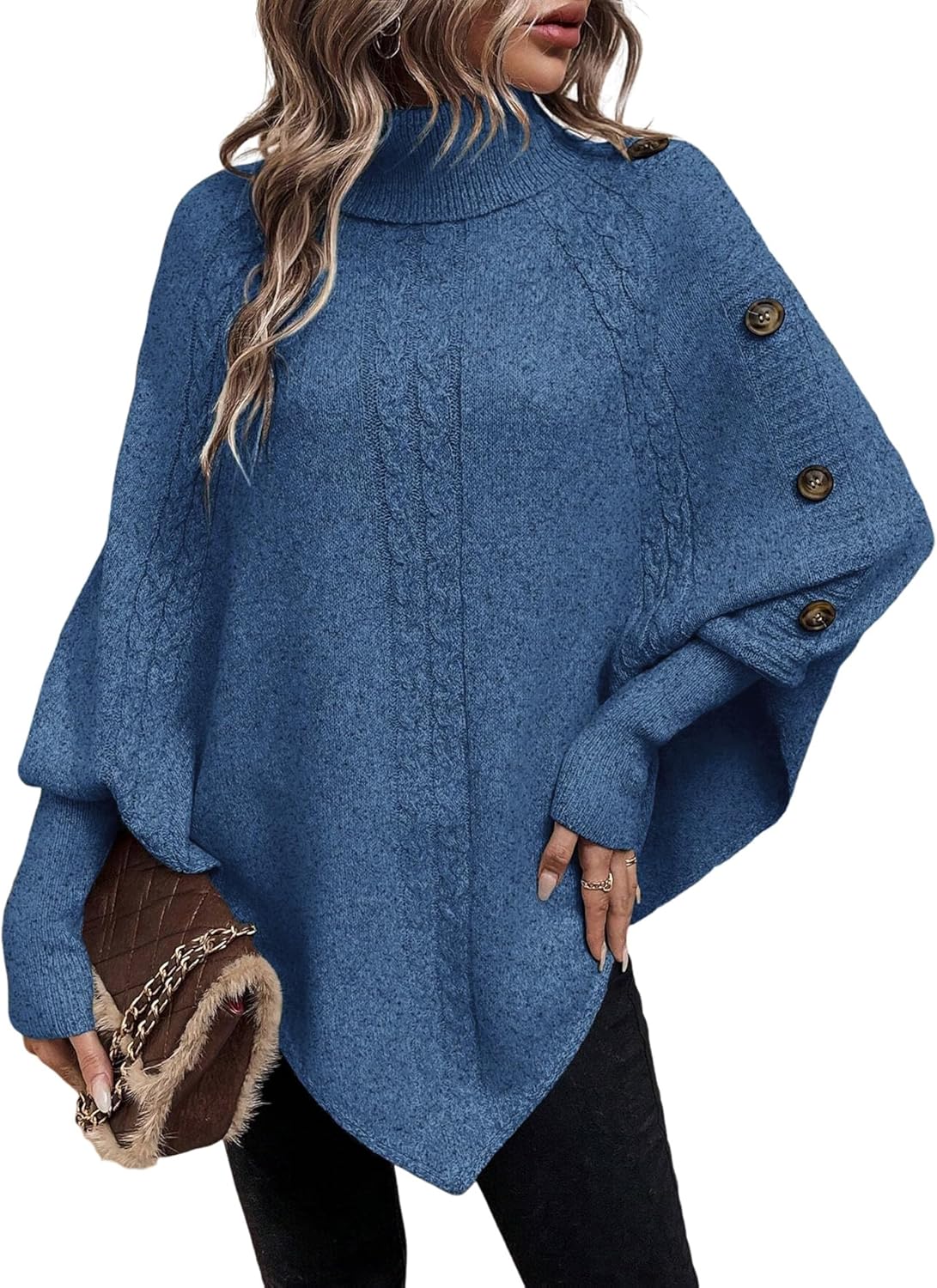 Urchics Casual Sweater Turtleneck Batwing Sleeve Button Detail Poncho Sweater