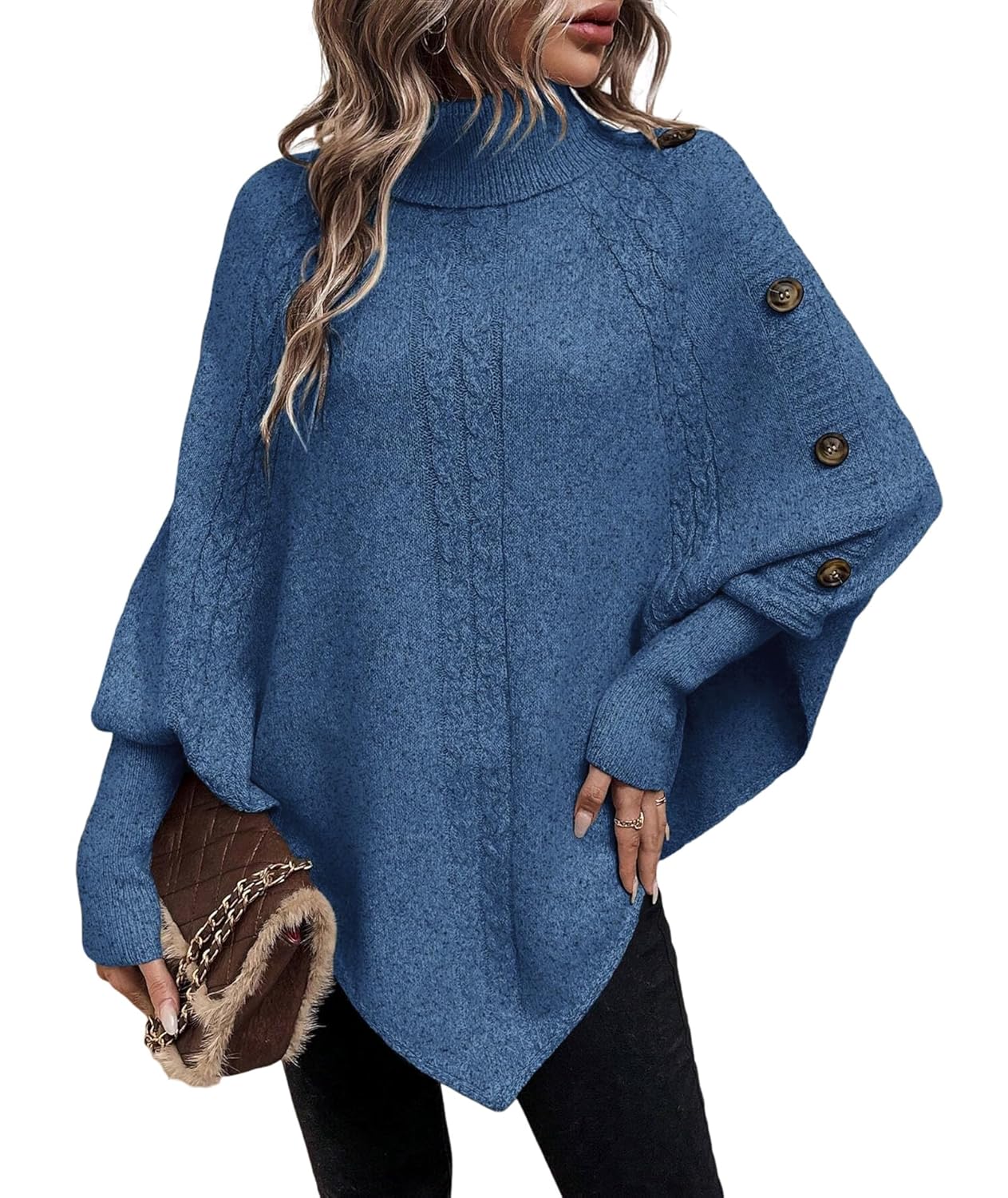 Urchics Casual Sweater Turtleneck Batwing Sleeve Button Detail Poncho Sweater