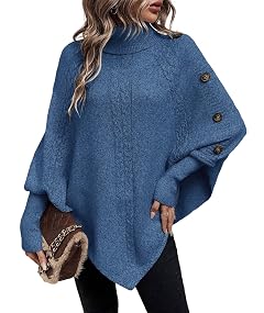 Urchics Casual Sweater Turtleneck Batwing Sleeve Button Detail Poncho Sweater