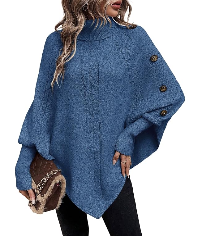 Urchics Casual Sweater Turtleneck Batwing Sleeve Button Detail Poncho Sweater