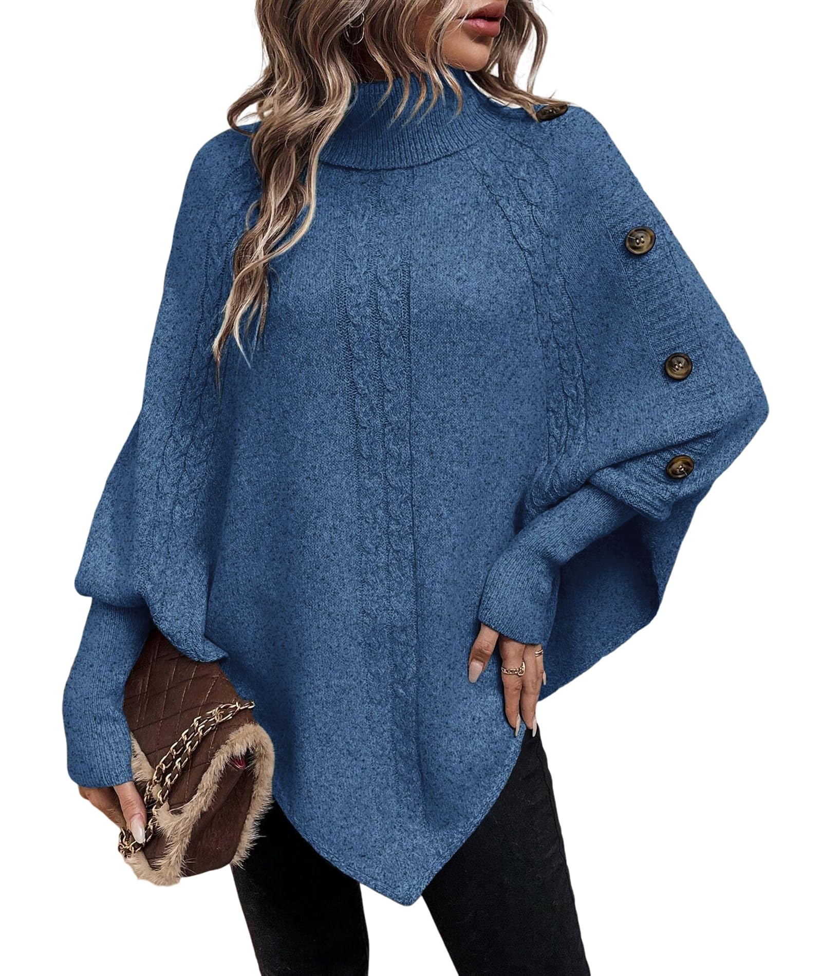 Urchics Casual Sweater Turtleneck Batwing Sleeve Button Detail Poncho Sweater