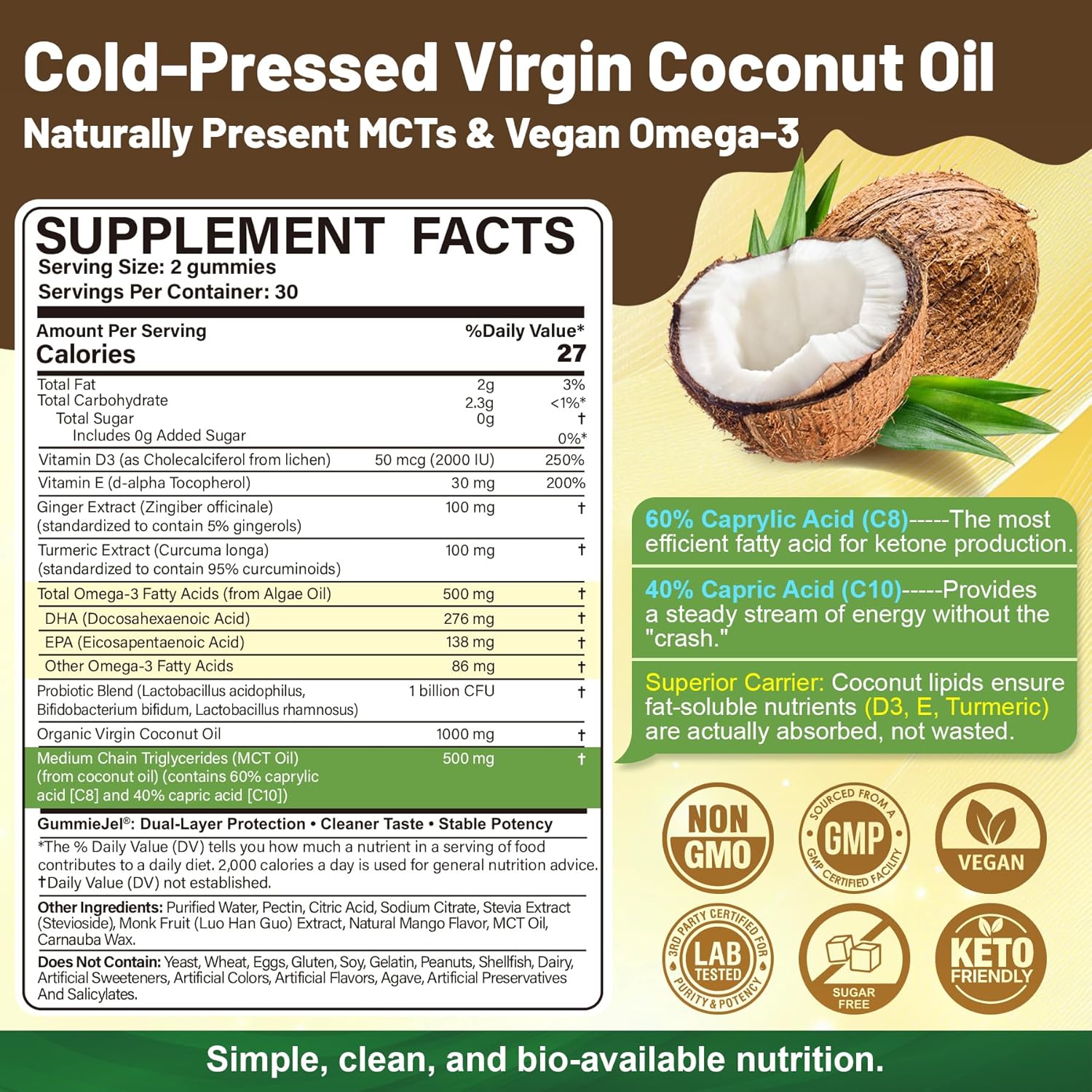 MCT Oil Organic Gummies + Coconut Oil + Omega-3 + Turmeric + Ginger + Probiotics - Virgin Coconut Oil, Optimized C8 & C10 for Ketosis, Brain, Body Fuel & Digestion, Sugar-Free, 60 Cts