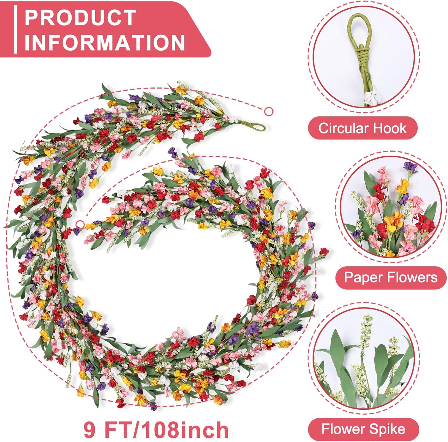9ft Spring Flower Garland for Mantle Decor: Artificial Floral Vine with Greenery for Wedding Arch, Fireplace, Table & Wall, All Season Home Decor for Summer, Easter, Mother's Day (Yellow+Pink)