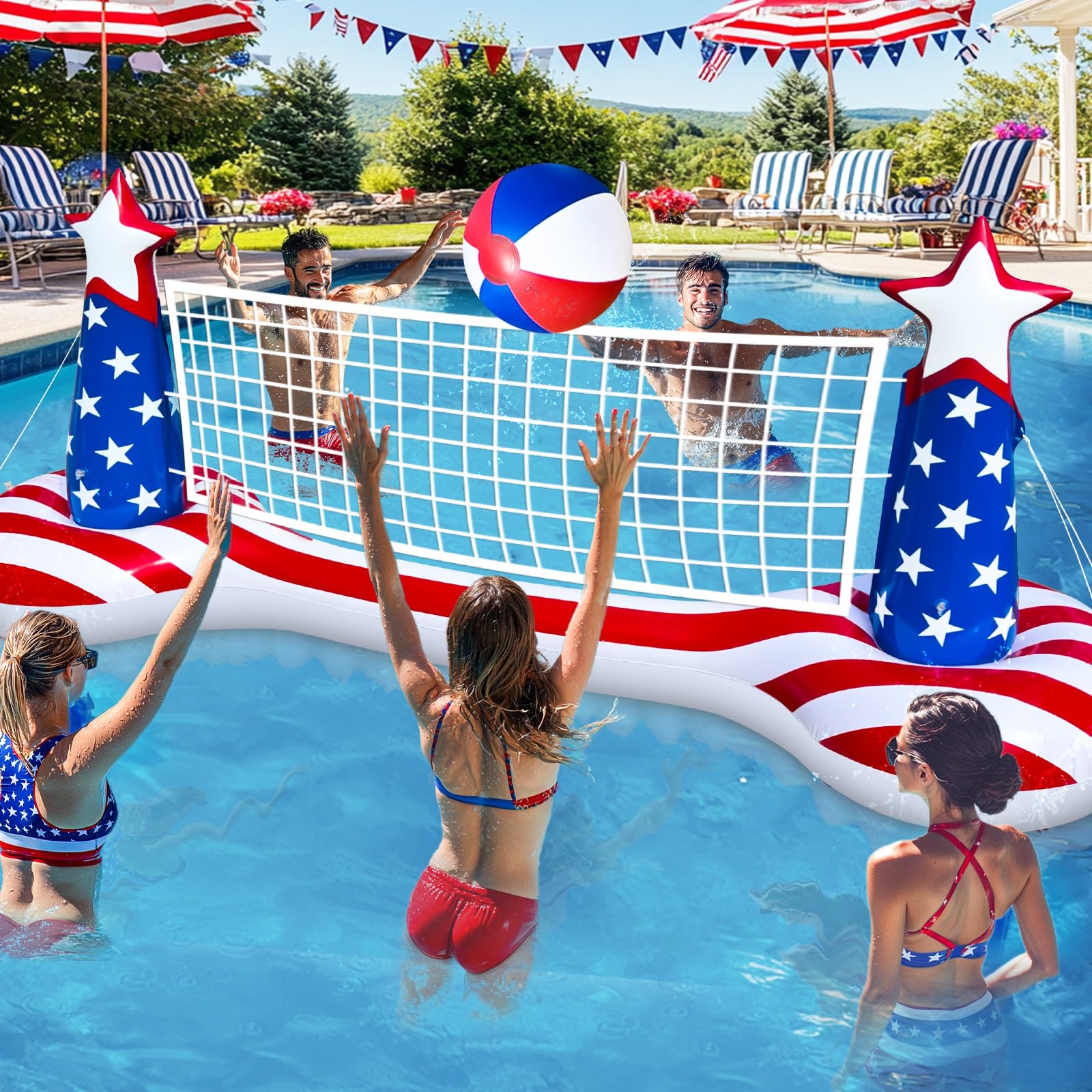 Grande galleggiante gonfiabile per piscina con pallone da spiaggia da 22,3 cm, 2 sacchi per pesi e bandiera americana, giocattolo galleggiante per adulti e bambini, perfetto per feste
