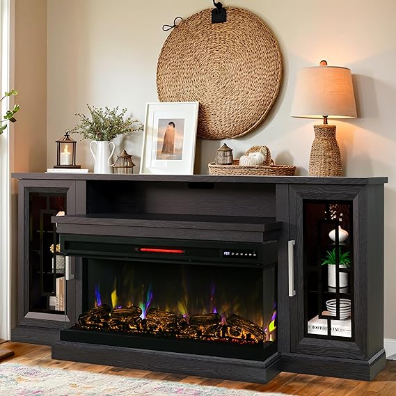 Unineo 75 Inch Electric Fireplace TV Stand, 3 Side Glass