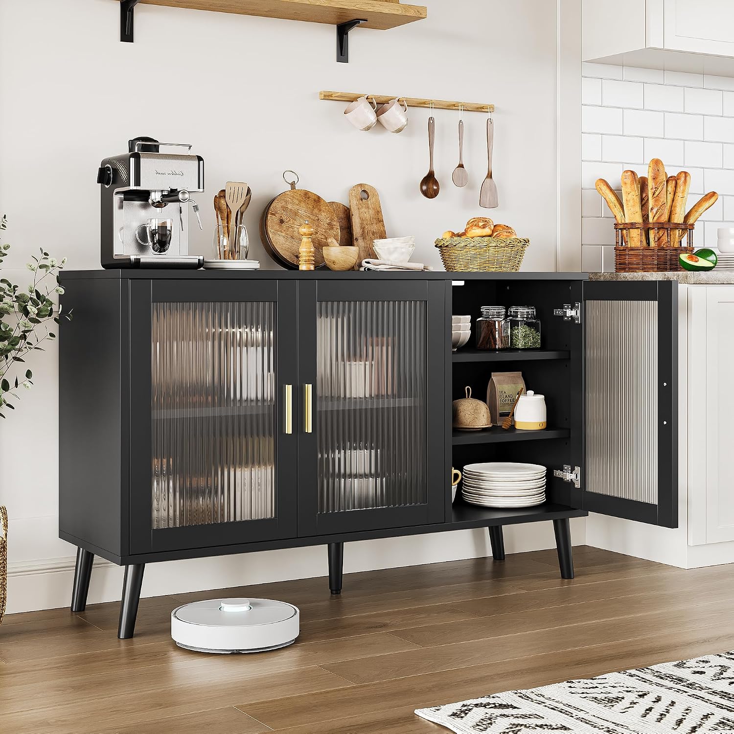 Garvee Sideboard Buffet Cabinet with Fluted Glass Doors, Kitchen & Dining Room Credenza with Removable Shelves, Decorative Storage for Living Room, Black