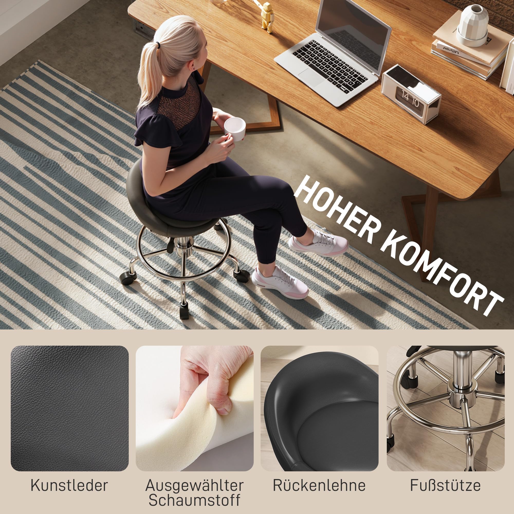 HOMCOM Hoker na kółkach regulowany z oparciem 59-75 cm Czarny