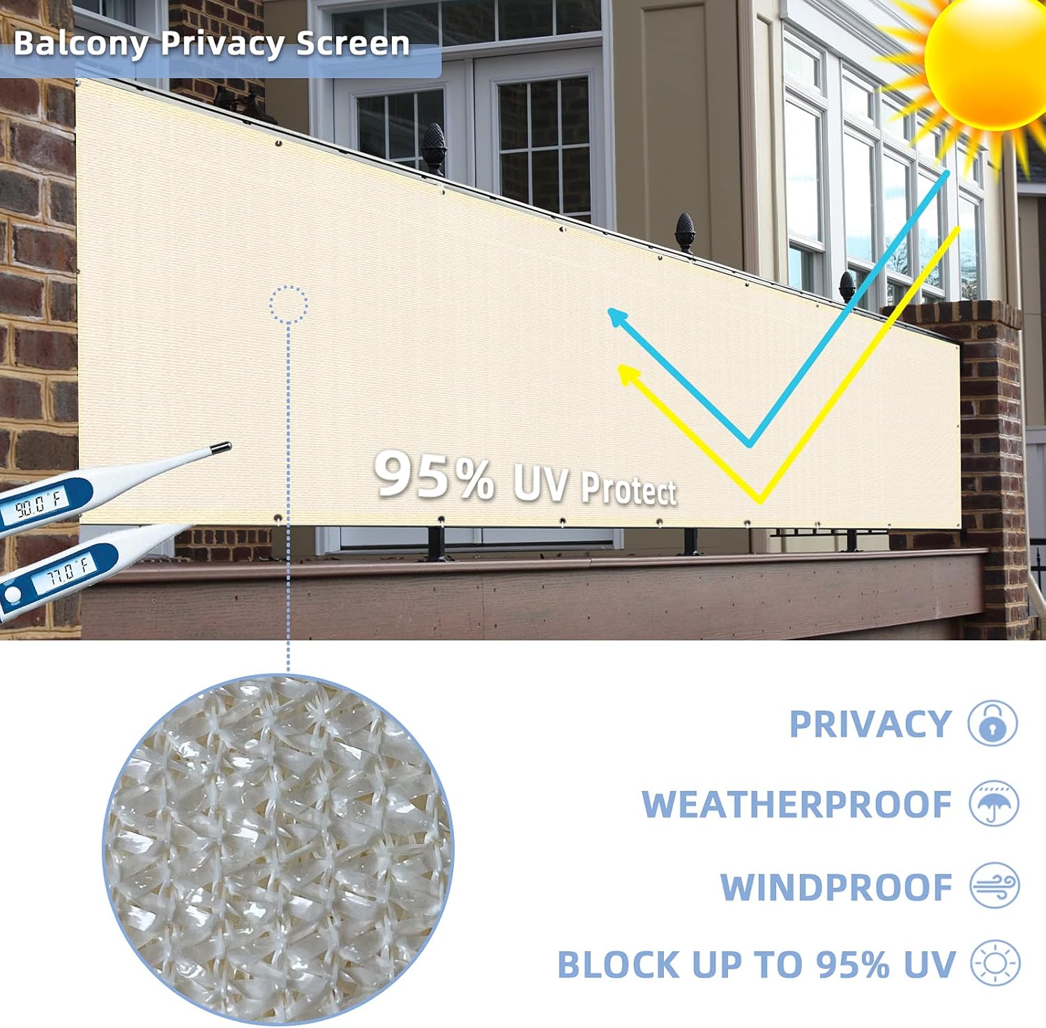 3'x13'Balcony Privacy Screen Cover Fence Cover UV Protection Weatherproof Windscreen Heavy Duty for Patio, Backyard,Beige