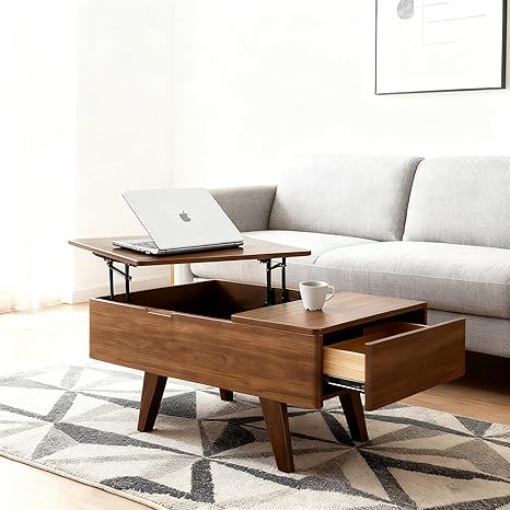 Lift Top Coffee Table with Drawer and Storage, Height Adjustable Modern End Table for Living Room, Wooden Sofa Table with Hidden Compartment & Open Shelf, Home Office Desk