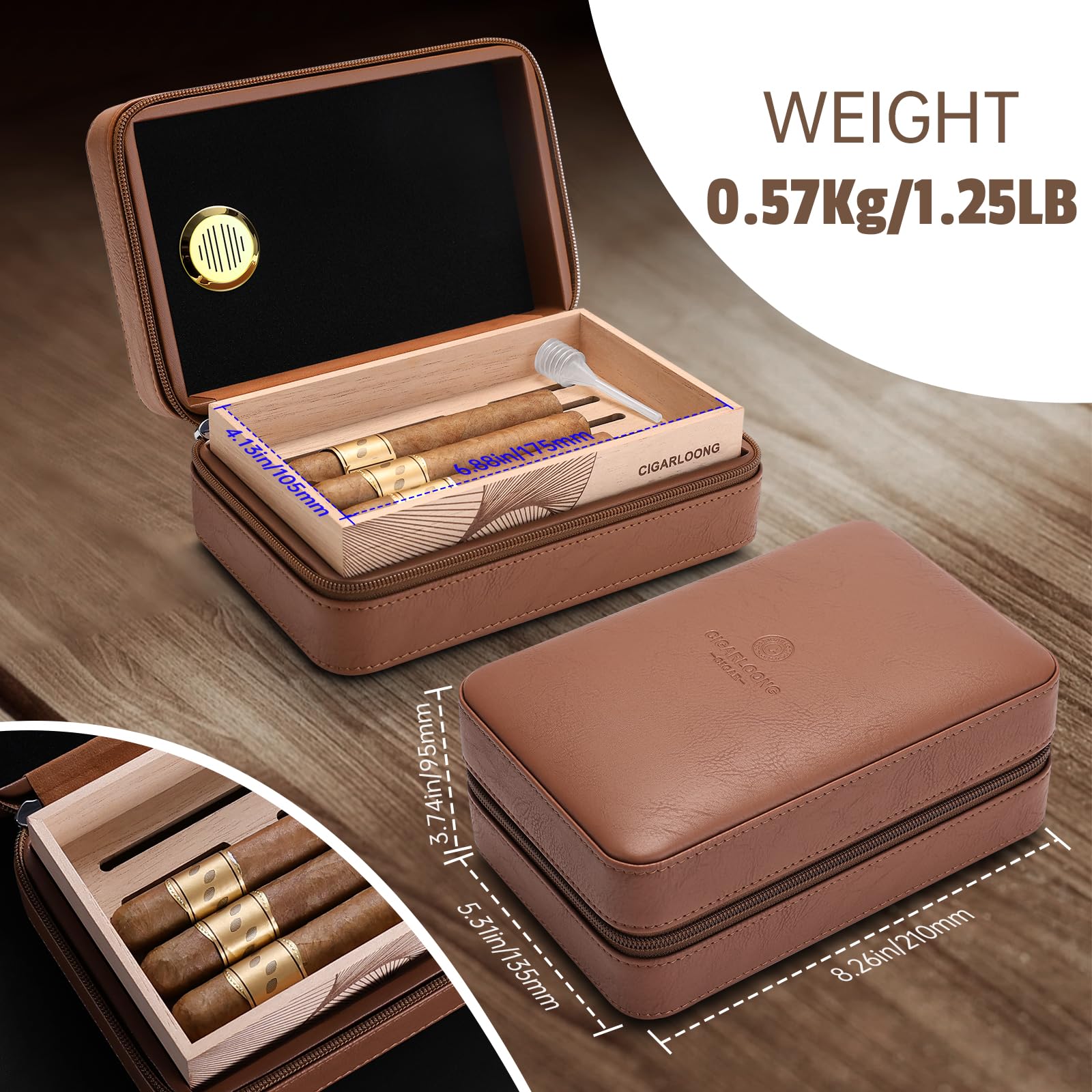 Zigarren-Humidor, Zigarrenetui aus Leder mit Zedernholzregal, tragbarer Reise-Zigarren-Humidorkoffer mit Luftbefeuchter, kann 10 Zigarren aufnehmen (Schwarz)