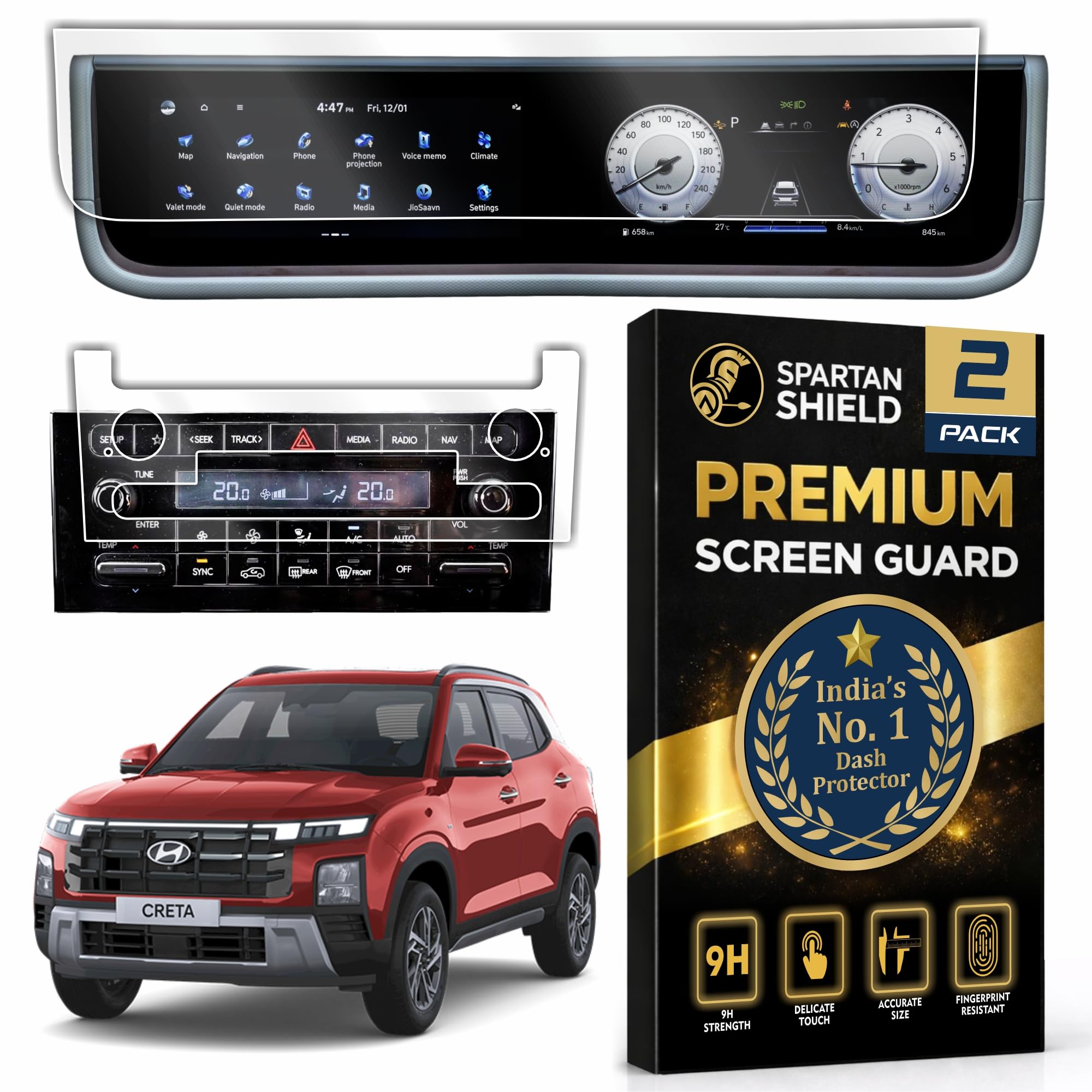 [2 PACK] Screen Guard For HYUNDAI CRETA 2025+ NEW FACELIFT | 10.25 Inch Dual-Screen Infotainment & Instrument Cluster + AC Console Protector || Anti Scratch | Water Repellant | HD Clarity | High Touch Sensitivity | Bubble Free Installation || Creta 2026 SX SX(O) Tech Premium King Knight Car Stereo Film || Android TouchScreen Accessories [Not Tempered Glass]-image-49