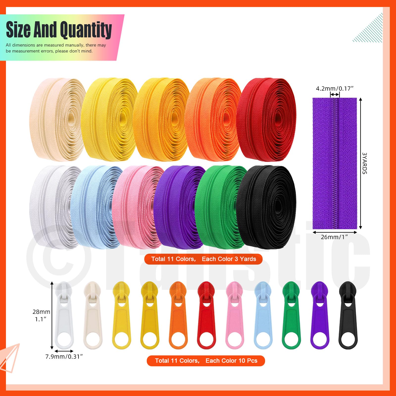 Nylon-Reißverschluss-Set – 121-teilig, 11 Farben, #3 Stärke Für Nähen & DIY