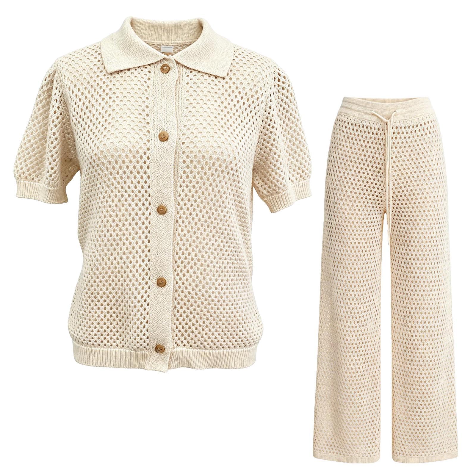 Generico 2026 Tuta top maniche corte con pantaloni lunghi traforati, completo elegante per spiaggia e passeggiate estive donna.