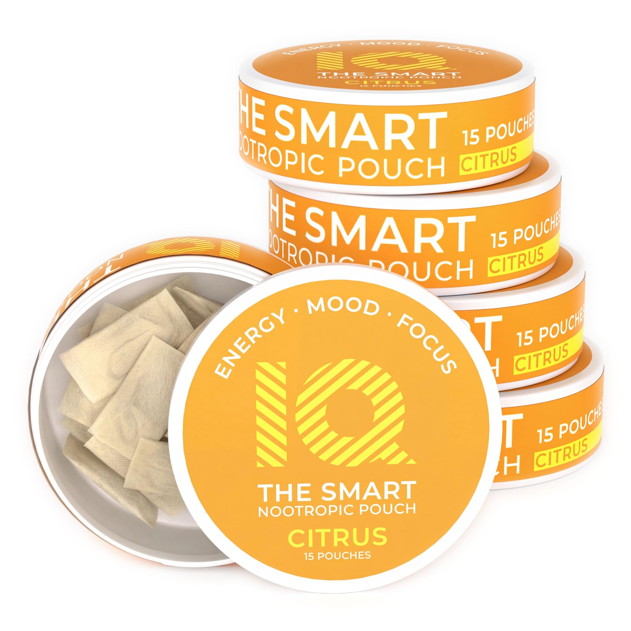 IQ Smart Pouch: Paraxanthine Nootropic Pouches for Focus, Mood & Clean Energy, Caffeine-Free Alternative, No Crash, No Jitters, Nicotine-Free, L-Theanine & B-Vitamins – 1 Can (15 Pouches) - Citrus