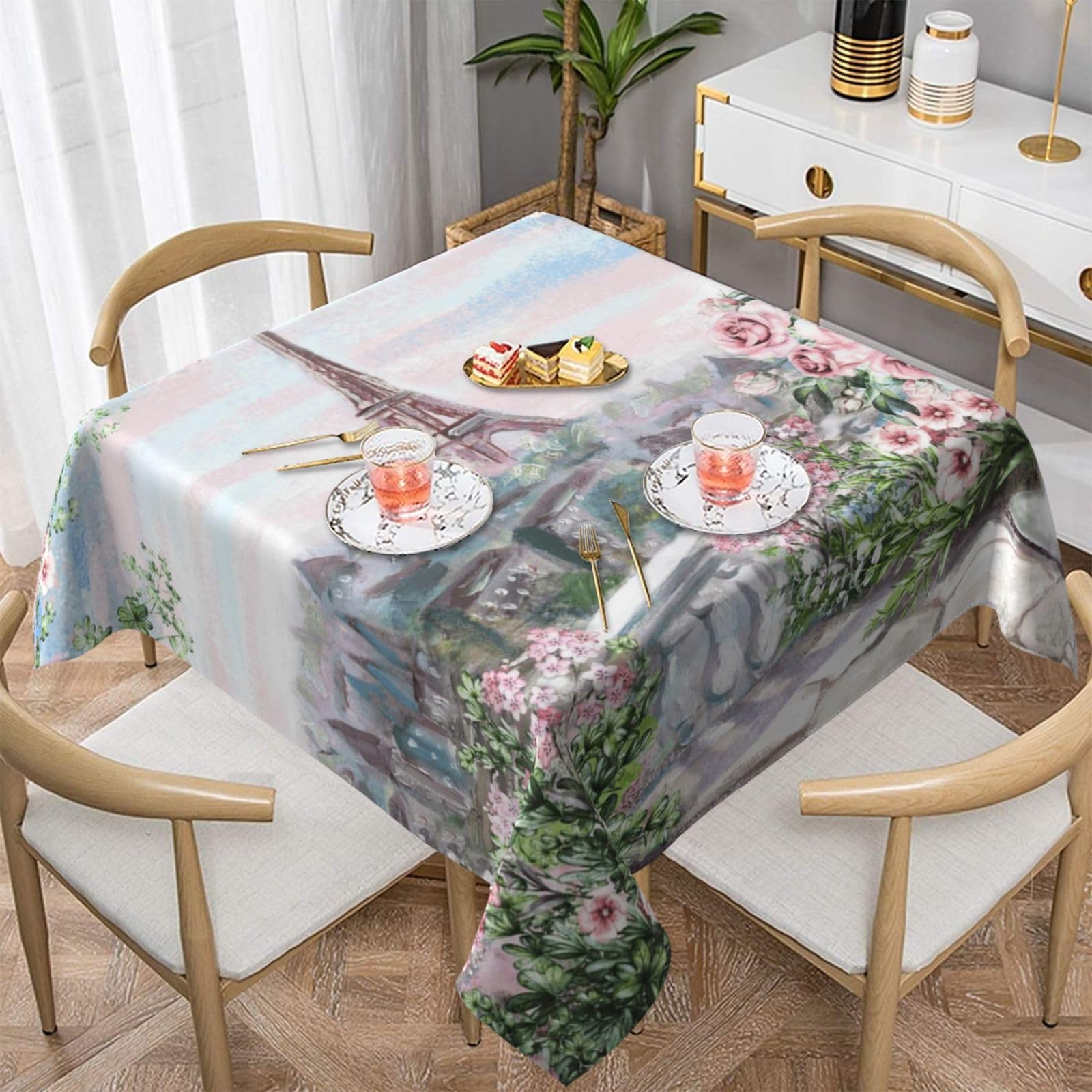 DCEHGEW Beautiful Eiffel Tower Paris Prints Square Tablecloth 137x137 CM, Waterproof Fabric Table Cloth for Dining Table, Farmhouse Table Cover for Kitchen Dining Tabletop Decoration