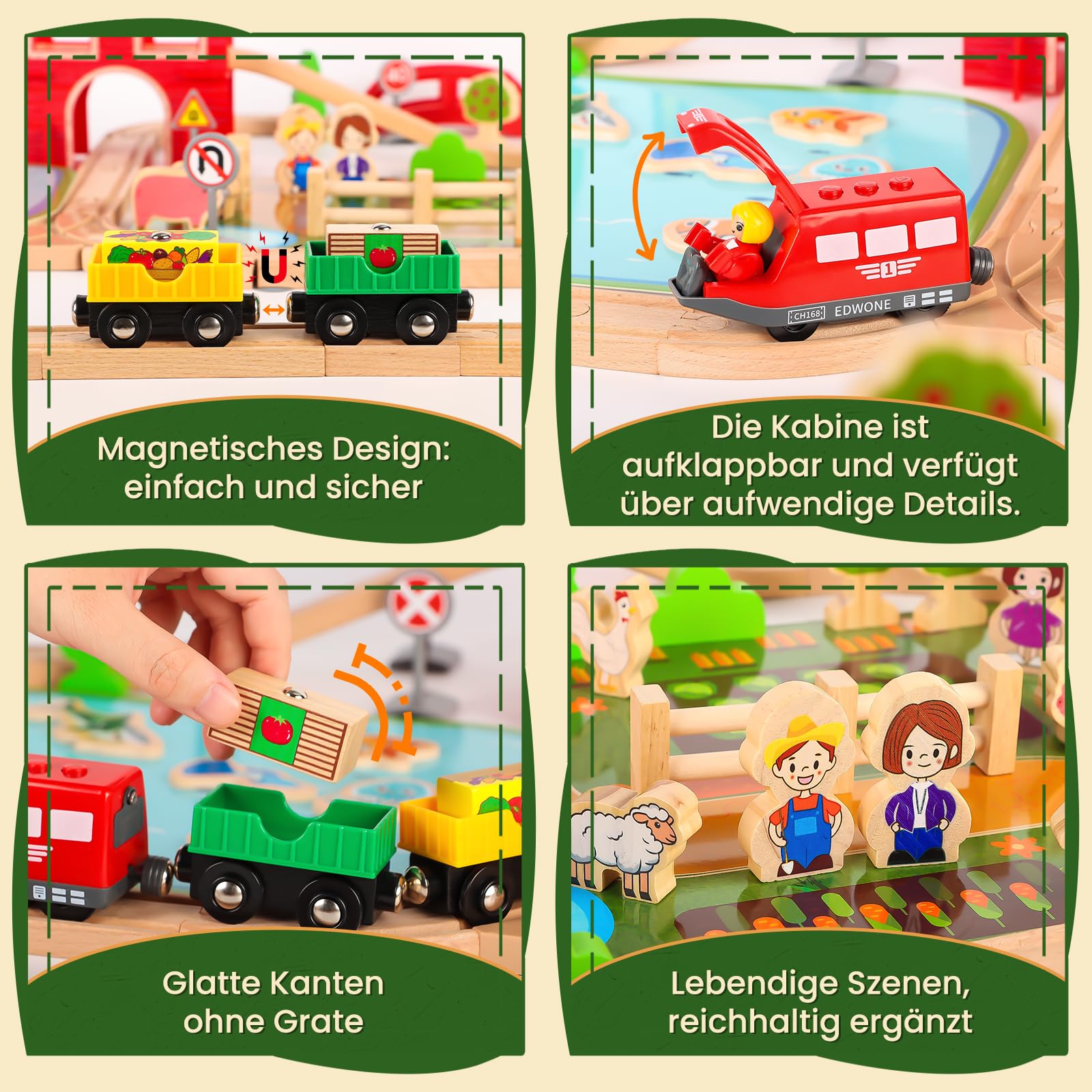 Eisenbahn Holz Set, 100 Stück Holzeisenbahn Schienen Bauernhof Thema holzschienen Eisenbahn mit Kleiner Zug, Teich, kleine Tiere für Jungen und Mädchen von 3+ Jahren
