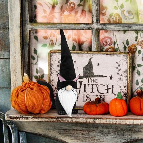 Miniatura 7 de Upltowtme Gnomo de gato negro de peluche de 13.5 pulgadas, hecho a mano, figura escandinava de Tomte, gnomos de Halloween, Navidad, decoración de