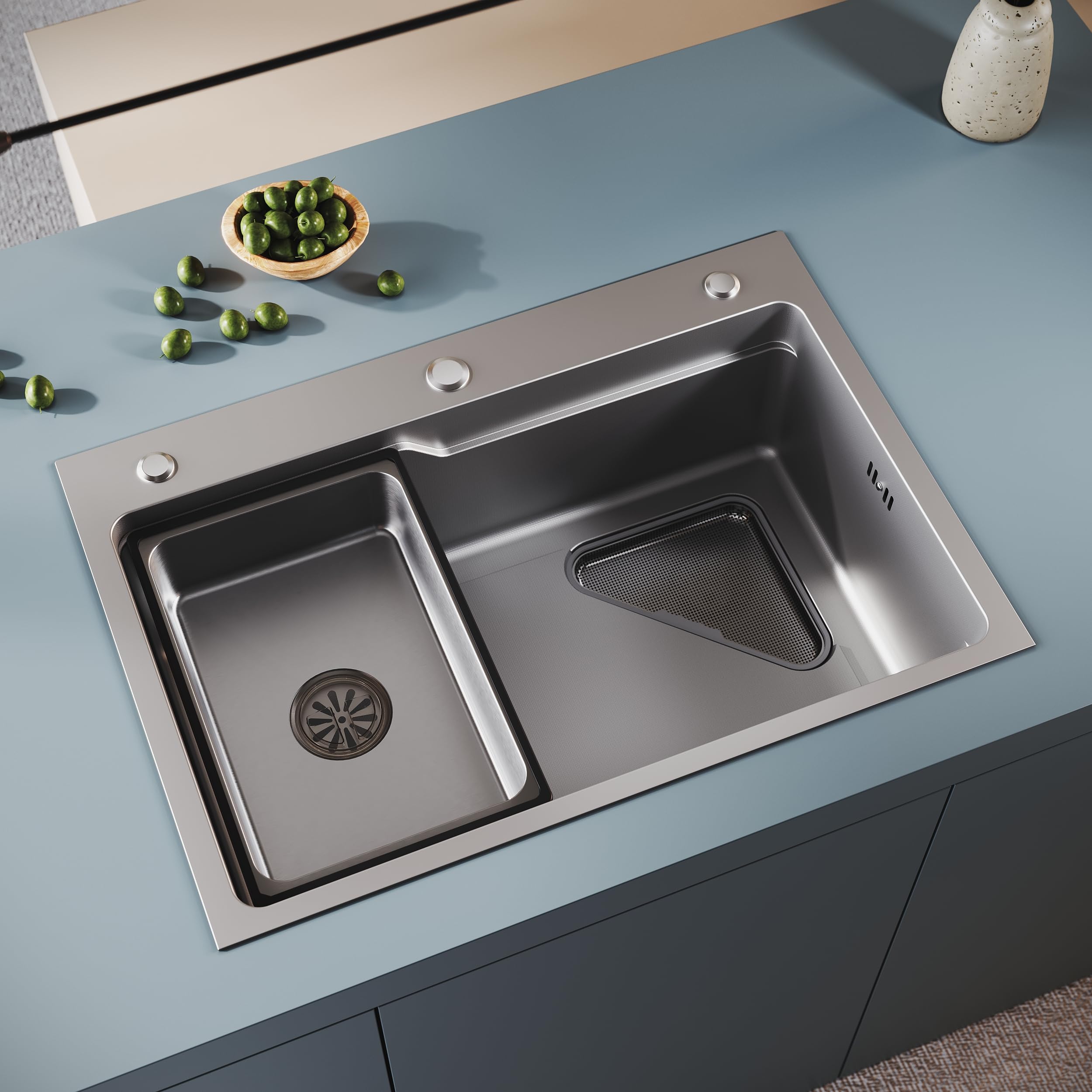 SONNI Lavandino 70x48cm con 3 prefori, acciaio inossidabile 304, argento