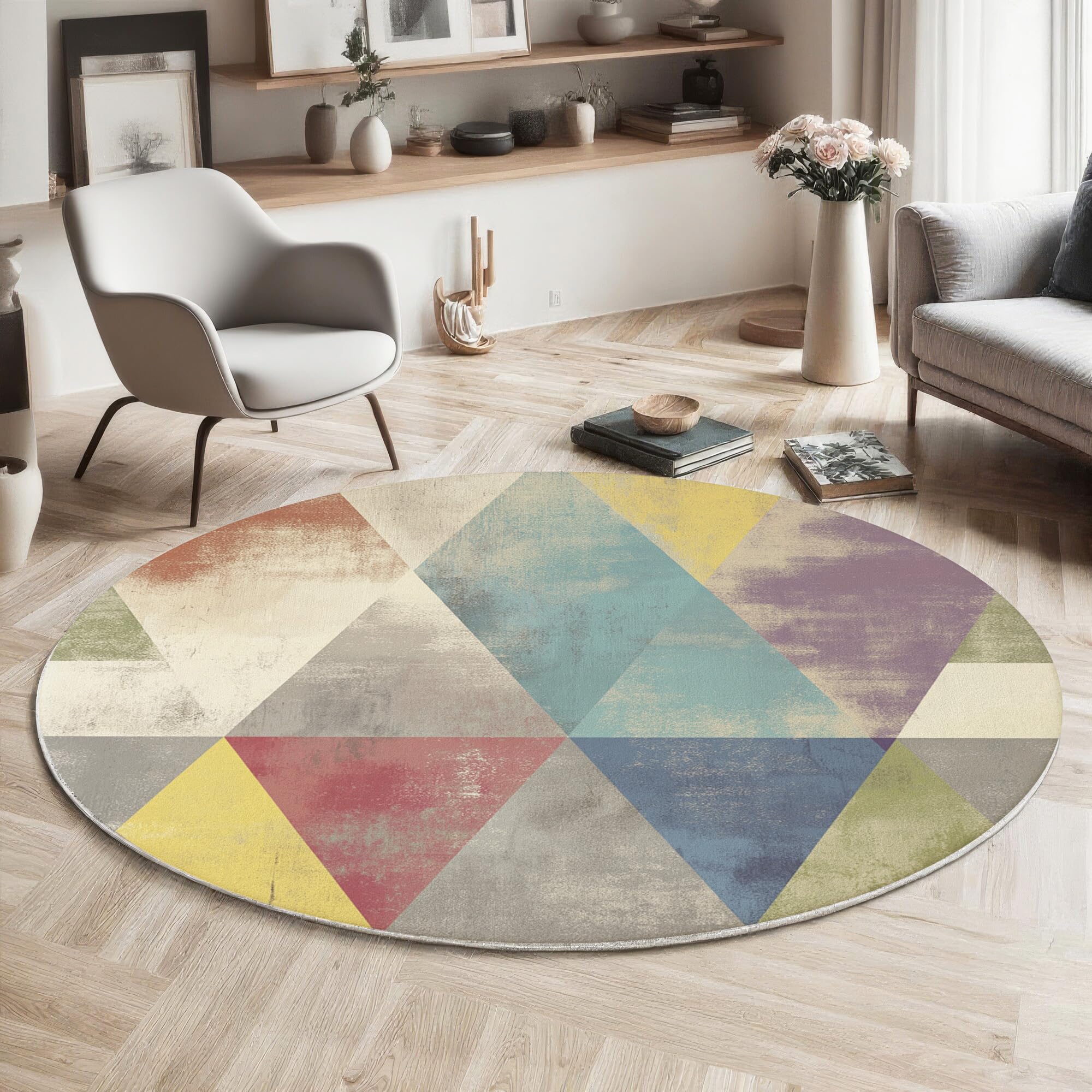 Tapis de zone ronde style rétro vieilli motif géométrique jaune