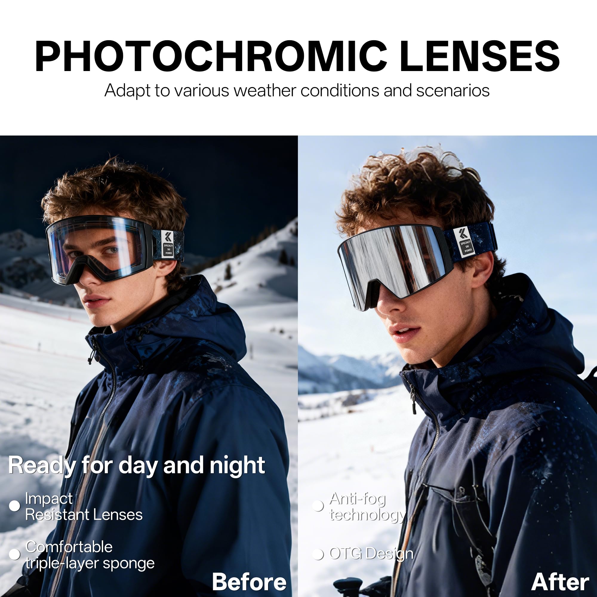 KAPVOE Maschera Sci con Lenti Fotocromatiche & Colorate - Antinebbia UV400 Lenti Magnetiche OTG - Unisex per Uomo Donna e Giovani K721