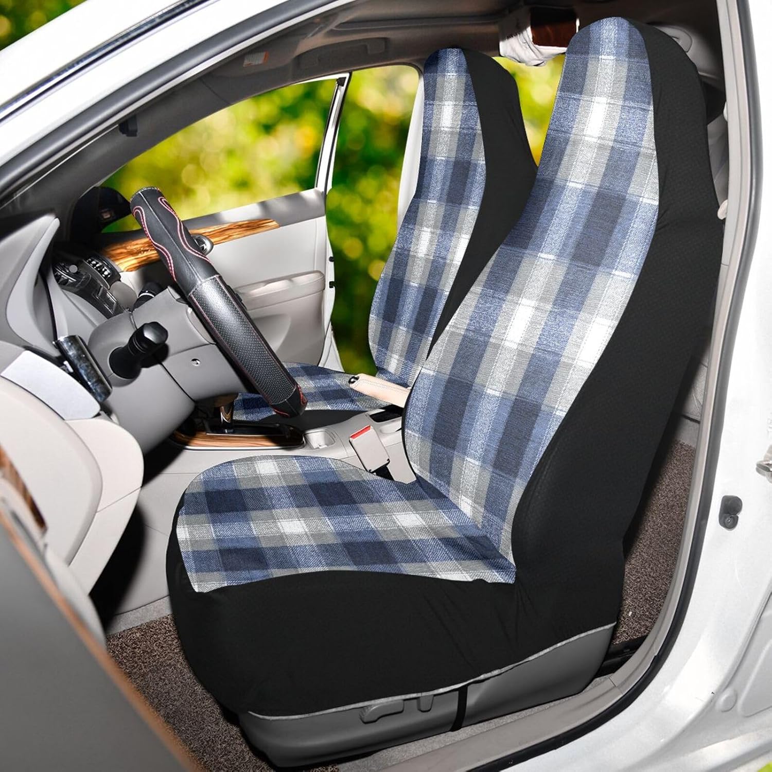 Kigai Universal Car Seat Covers Set of 2, Dark Blue Gray Plaid Front Seat Protectors Bucket Seat Cover Decorative Automotive Accessories for Auto Truck Van SUV