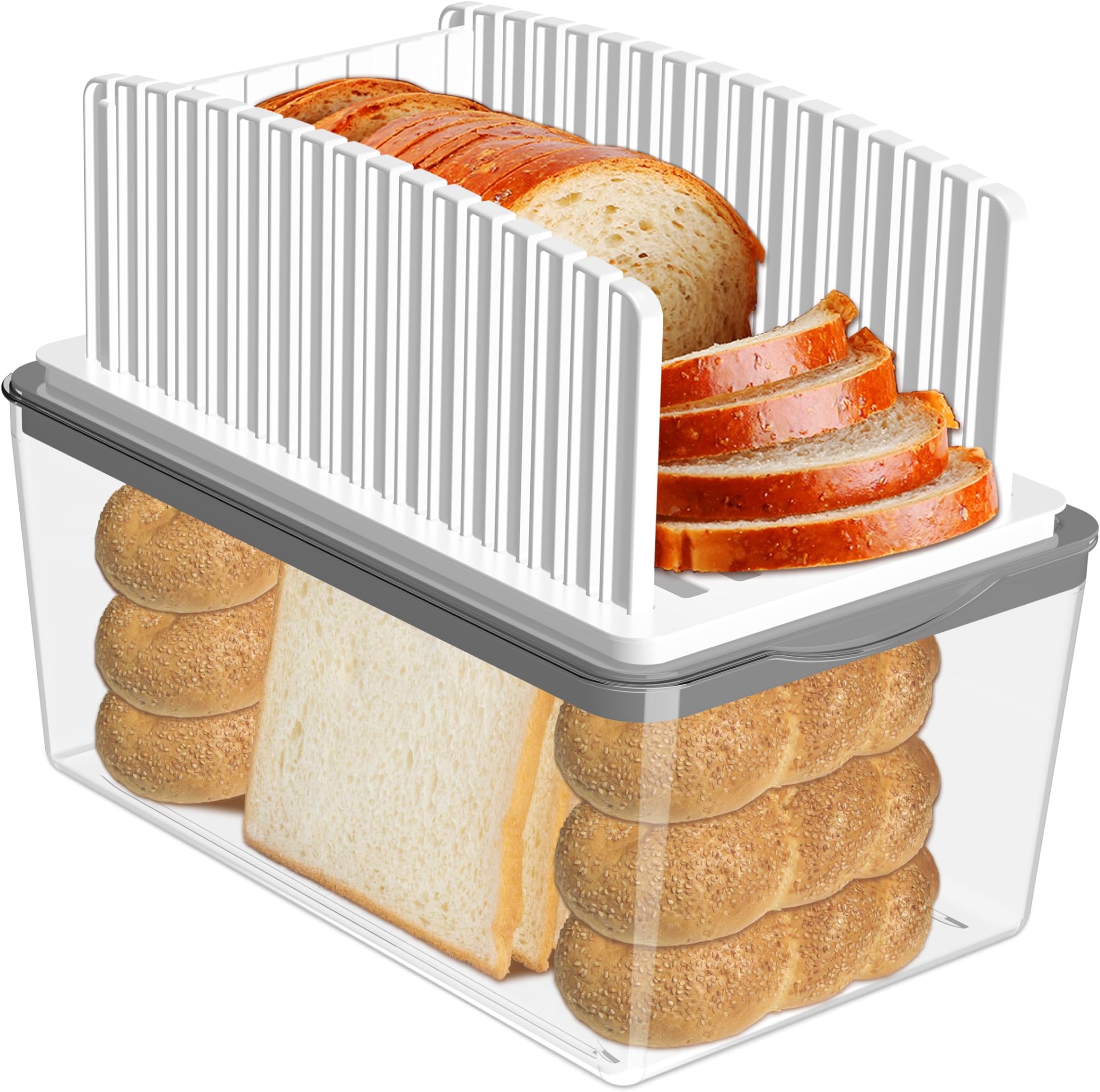 Upgrade Bread Slicer for Homemade Bread with Bread Box, Bread Slicing Guide Adjustable Width, Foldable and Compact Cutting Guide with Crumb Tray, Suitability for Homemade Bread, Bagels, Cakes.