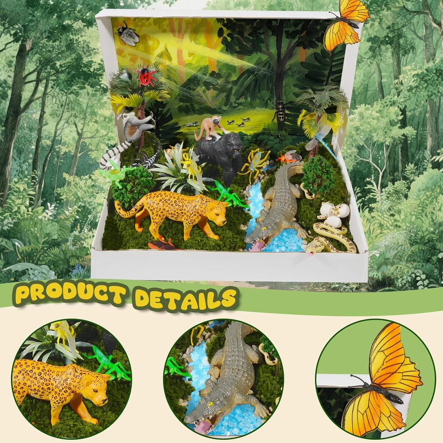 34 PCS Rainforest Diorama Kit Rainforest Animals Figurines Set Assorted Creatures Rainforest Diorama Supplies Animals Model Trees DIY Rainforest Decor