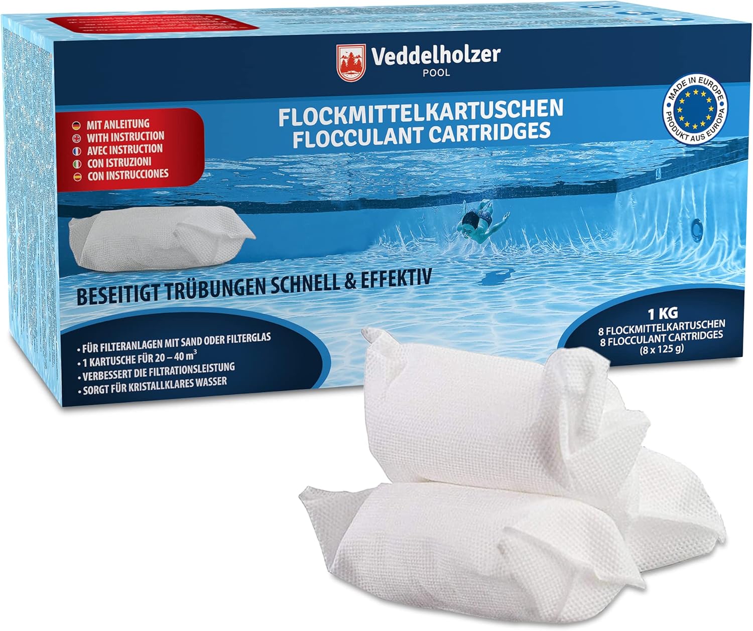Veddelholzer 1 kg Flockmittel Pool Kartuschen 8 x 125g für