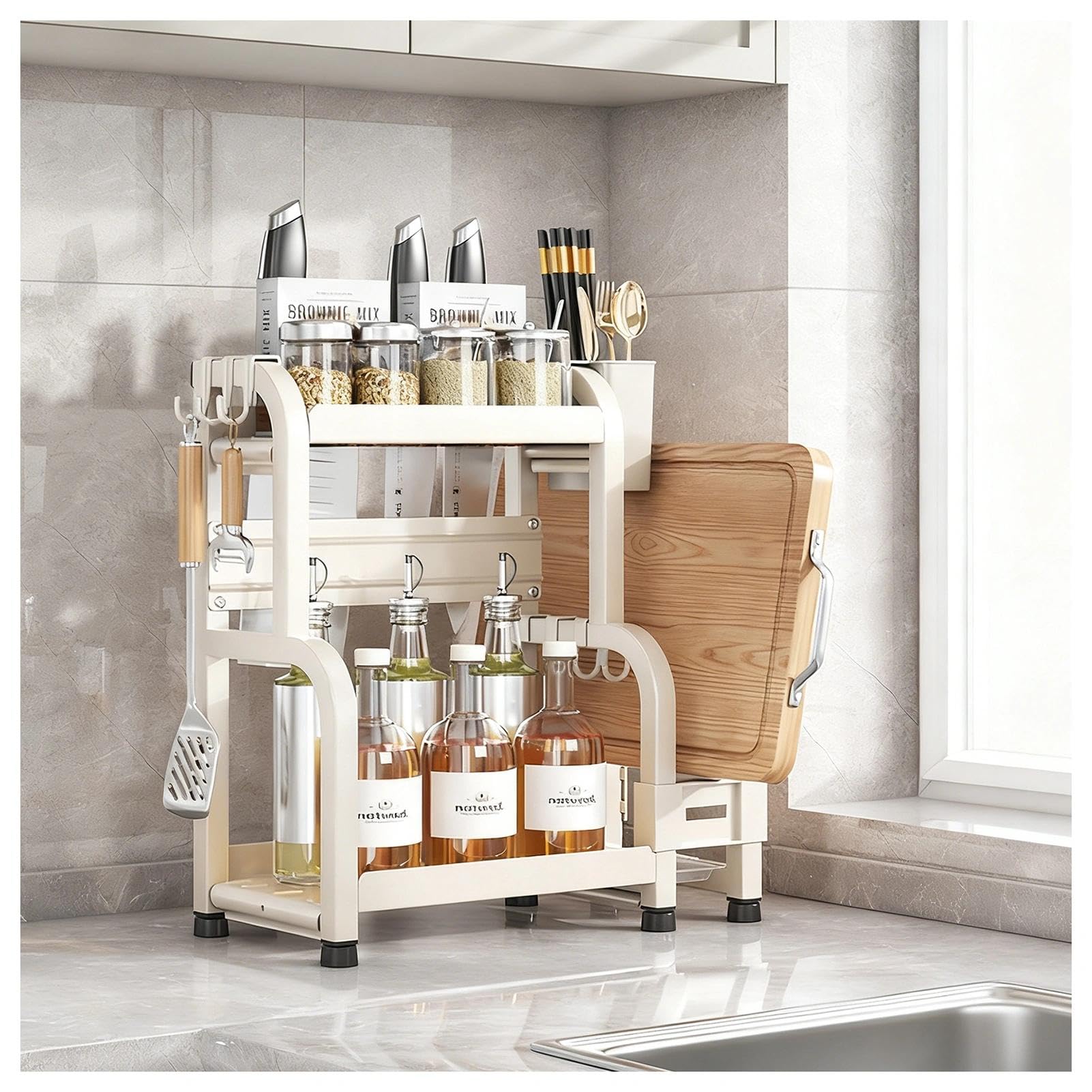 HADECOLL Multifunctional Spice Rack With Knife Holder, 3-Tier Storage Tray With Hooks And Utensil Holders, For Kitchen Pantry Bathroom,2 Tier-11.8in