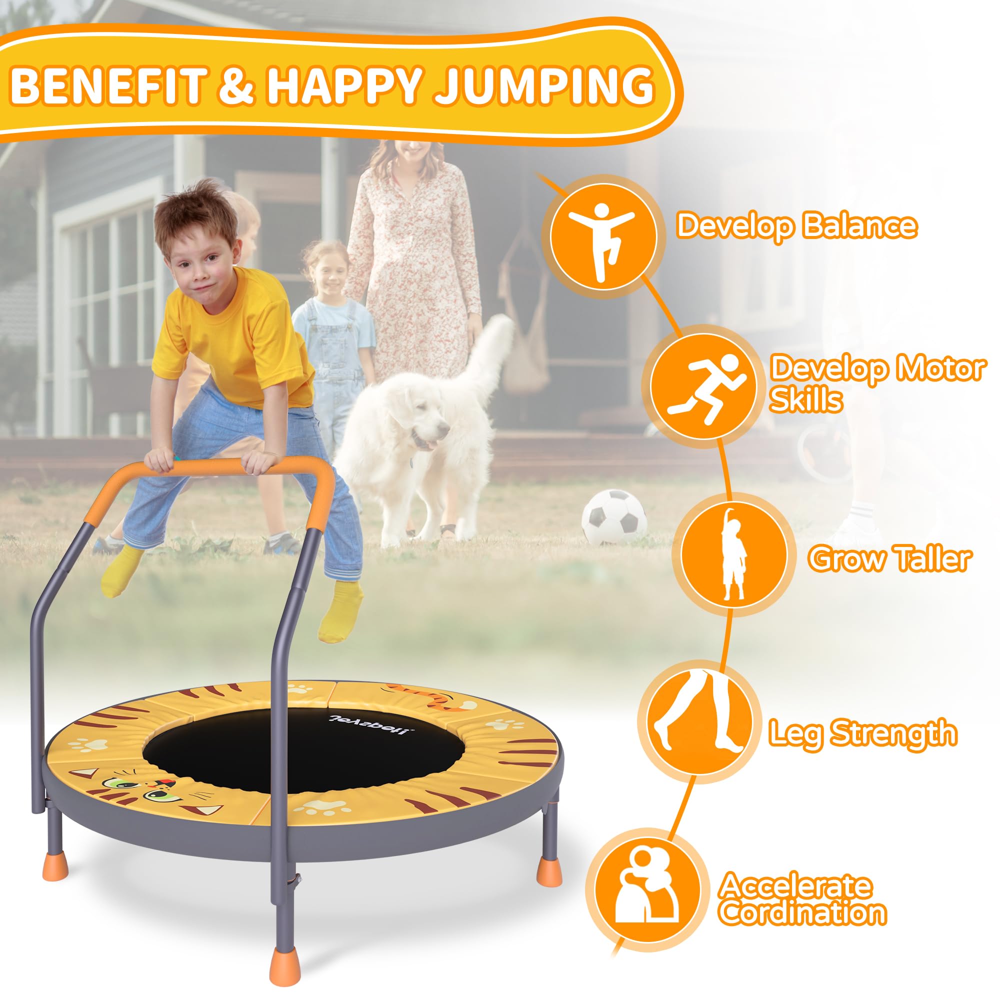 JOY SPOT! Kinder Trampolin Indoor, Ø91 cm Minitrampolin mit Haltegriff, Fitness Trampolin bis 45 kg belastbar, Gartentrampolin Outdoor für Kinder 3-8 Jahren (Mehrfarbig/Katze/Einhorn/3 Abenteurer)