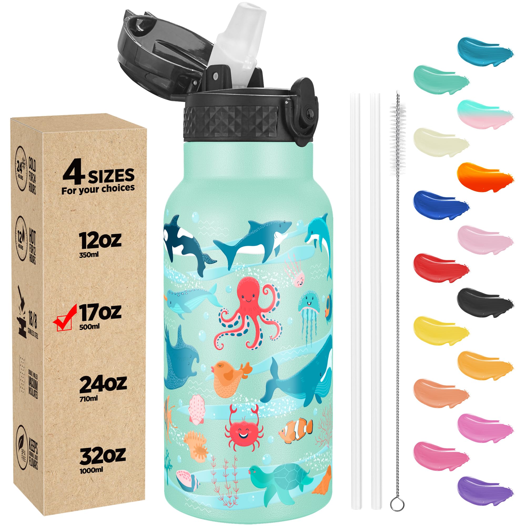 Han's Bottle Kids Water Bottle with Straw Lid - Insulated Stainless Steel Reusable Tumbler for Girls,Boys,Thermo Mug,17oz,Ocean Fish
