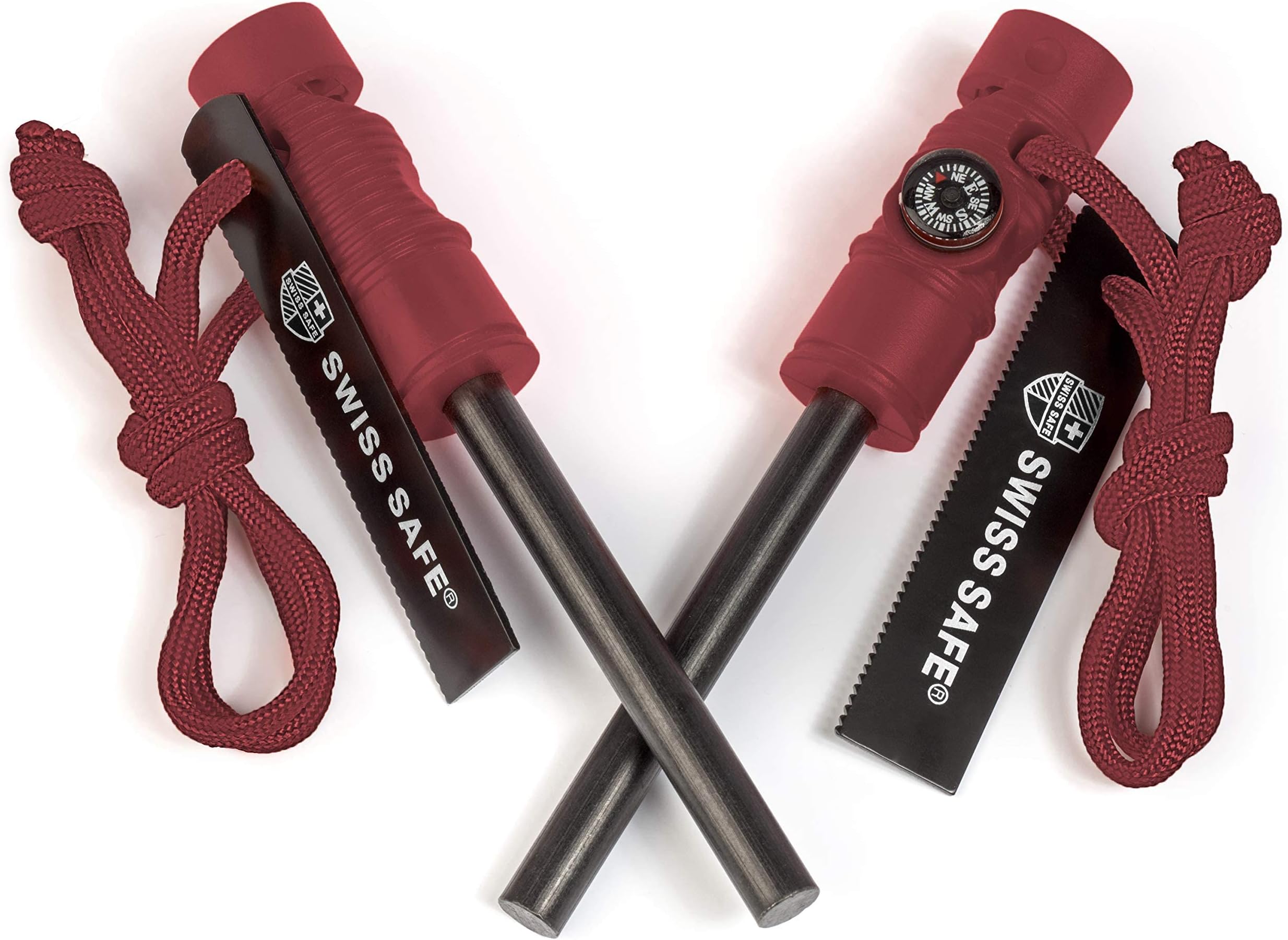 Swiss Safe 5-in-1 Magnesium Ferro Rod Fire Starter Survival Tool - Flint & Steel Striker, Compass, Paracord & Whistle - Emergency Kit for Backpacking, Camping, Hiking - All-Weather