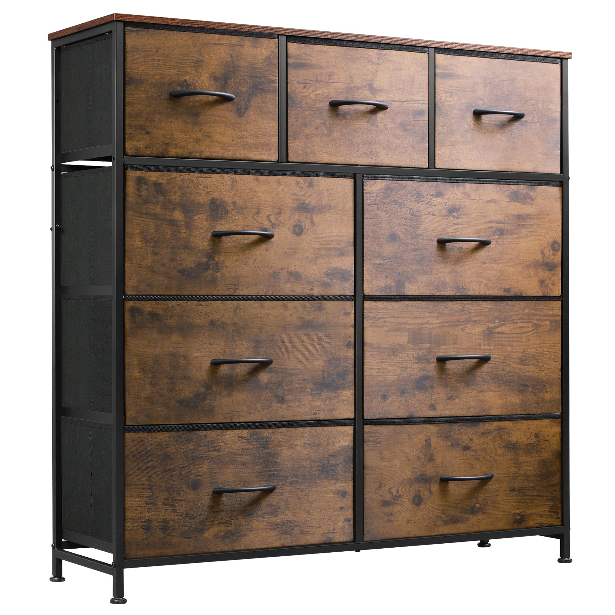 WLIVE Cómoda de 9 Cajones, Gabinete con Parte Superior de Madera y Estructura de Acero para Dormitorio, Sala de Estar, Pasillo, Madera Rústica