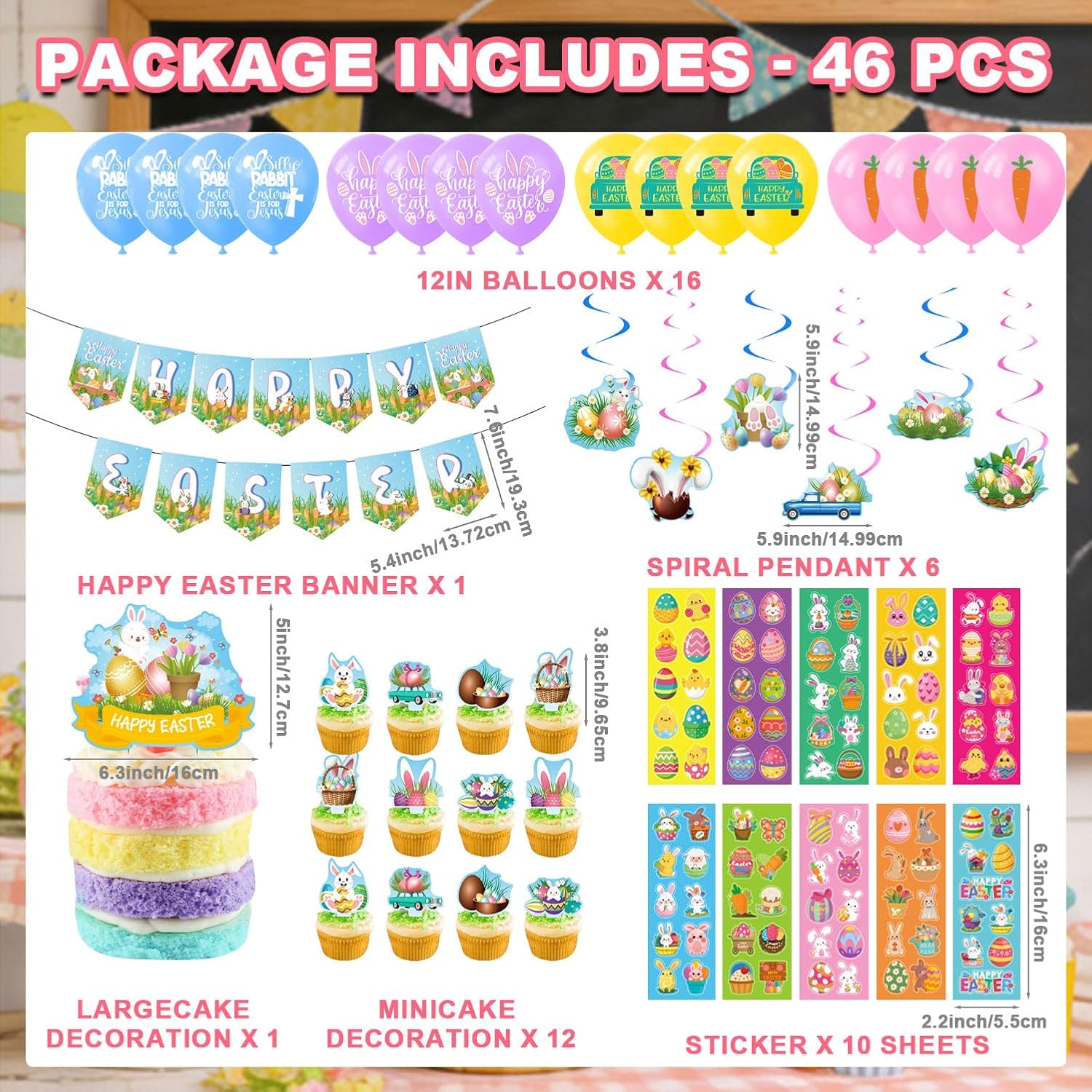 Happy Easter Party Decorations Kit, Easter Egg Bunny Party Supplies with Banner, Cake Topper, Cupcake Picks, Balloons, Stickers & Hanging Swirls for Home & Classroom