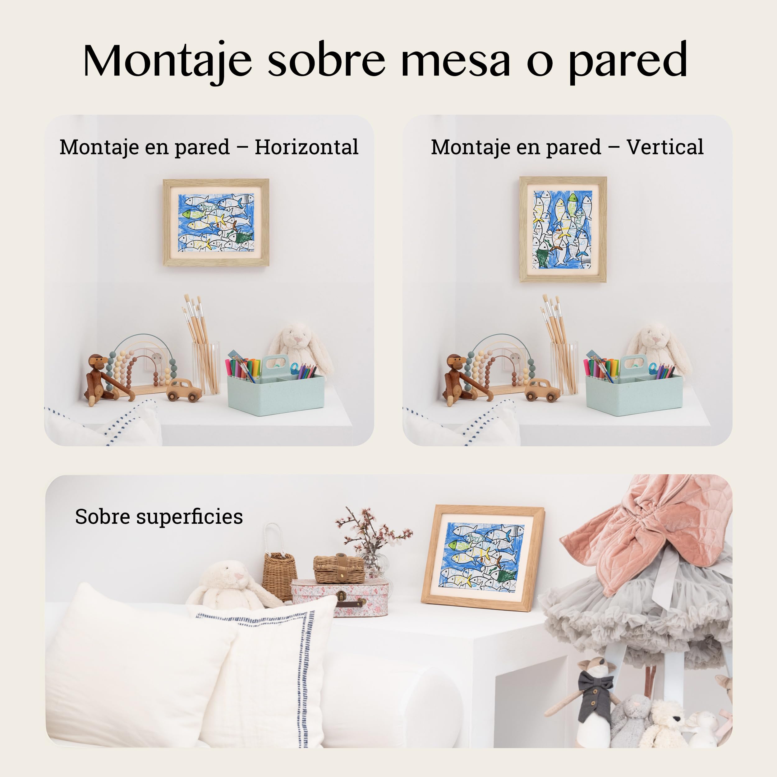 Set of 2 Cuadro Dibujos Niños A4 Natural de Roble FSC con Panel Magnético, Cintas Elásticas para 50 Obras, Ganchos Horizontales y Verticales, Marco de Arte para Niños, Incluye Passepartout