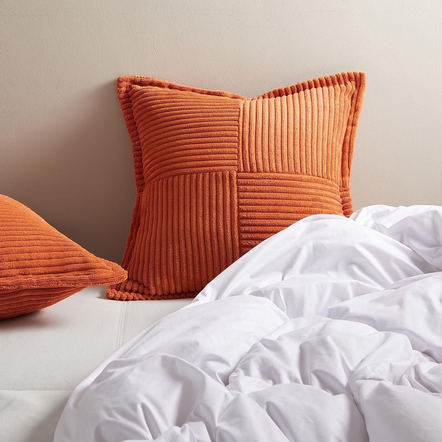 Fall Farmhouse Decorative Pillow Covers with Splicing 18x18 Set of 2, Super Soft Corduroy Pillow Covers Decorative Textured Corduroy Throw Pillows for Couch Bed(18 x 18 inch/Burnt Orange)