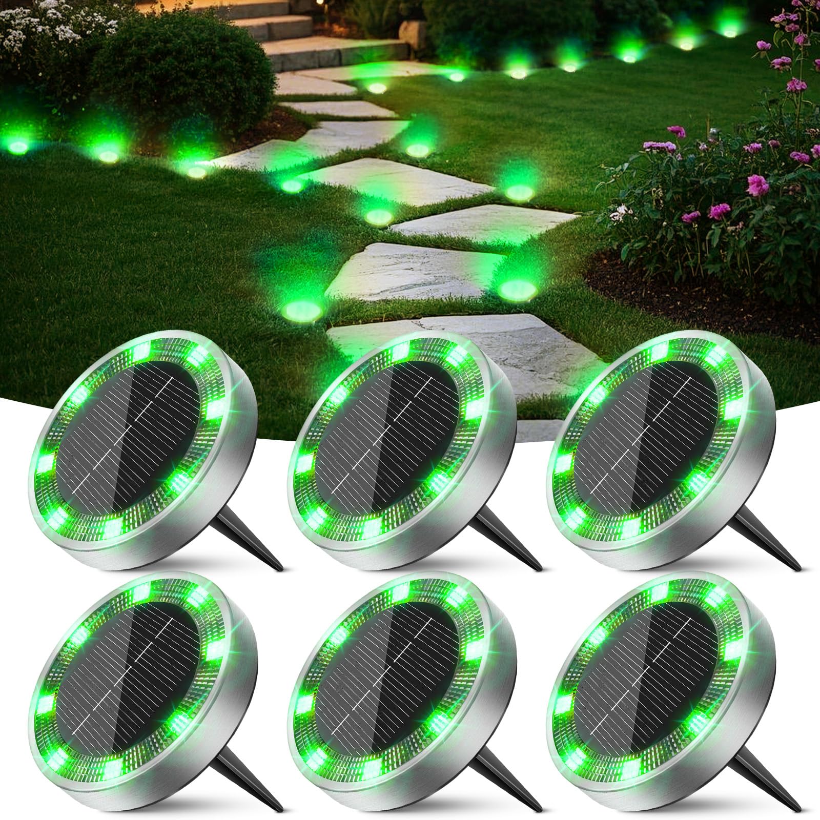 Peasur 6 Pack Solar Lights Outdoor Garden, Green Solar Ground Light, Waterproof Disk Lights for Pathway Patio, Yard, Lawn, Landscape