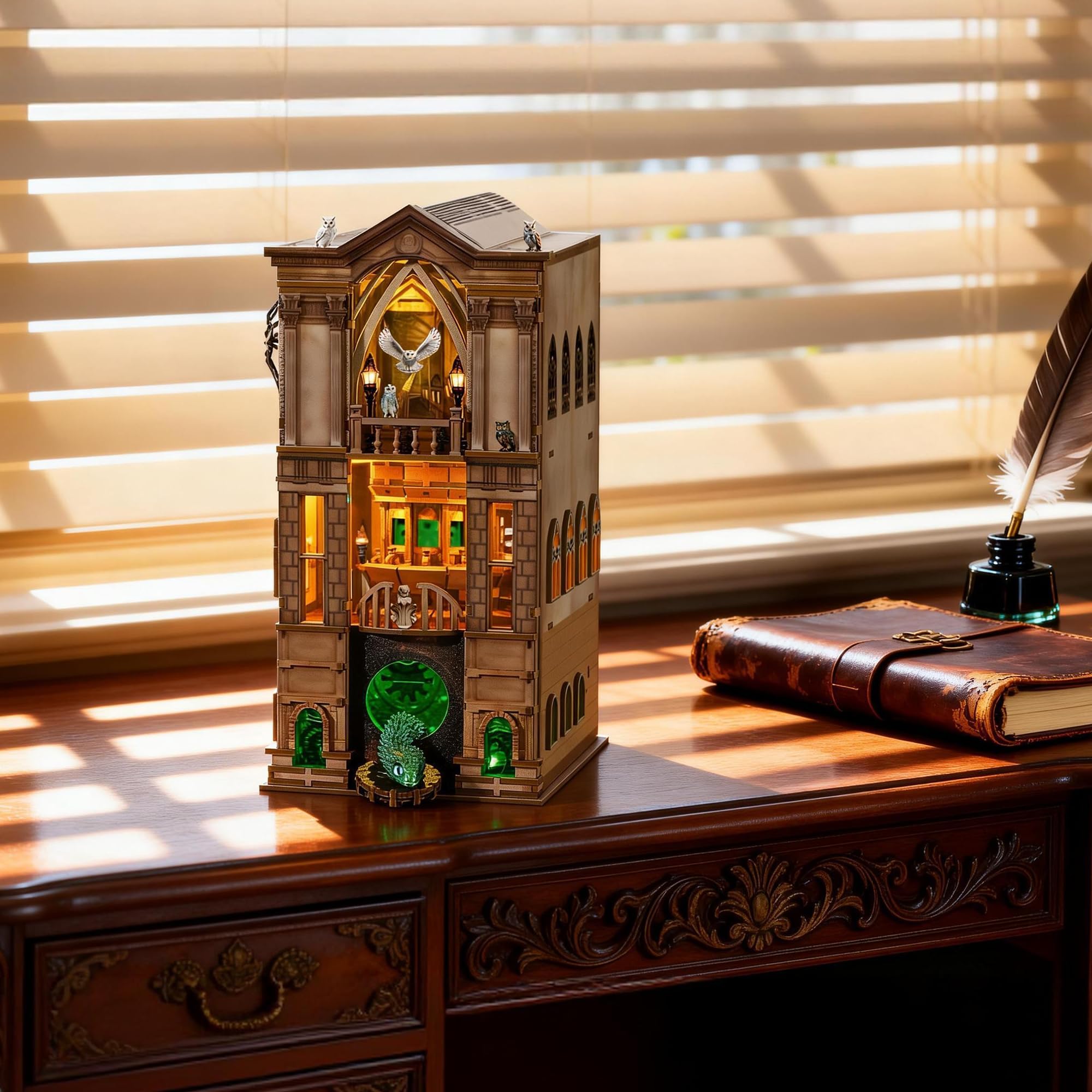 NookMaster Zestaw do Kącika Czytelniczego – 3D Puzzle Drewniane z Interaktywnymi Światłami LED, Magiczny Zamek DIY Miniaturowa Dekoracja dla Dorosłych i Nastolatków, Urokliwa Wstawka do Księgarni