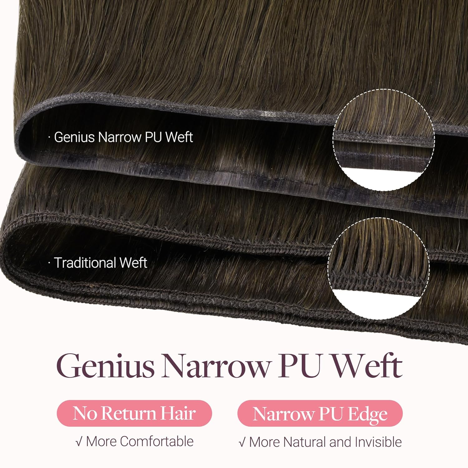 GOO GOO Genius Narrow Edge PU Weft Hair Extensions Human Hair, Invisible Sew in Hair Extensions Human Hair, 4/26/4 Balayage Chocolate Brown to Honey Blonde 22 Inch 120g, Seamless Soft Lightweight